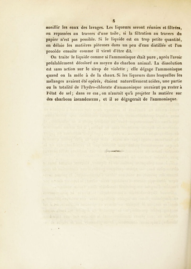 «ueillir les eaux des lavages. Les liqueurs seront rëunies et filtrées, ou repassées au travers d’une toile, si la filtration au travers du papier n’est pas possible. Si le liquide est en trop petite quantité, on délaie les matières pâteuses dans un peu d’eau distillée et l’on procède ensuite comme il vient d’être dit. On traite le liquide comme si l’ammoniaque était pure , après l’avoir préalablement décoloré au moyen du charbon animal. La dissolution est sans action sur le sirop de violette 3 elle dégage l’ammoniaque quand on la mêle à de la chaux. Si les liqueurs dans lesquelles les mélanges avaient été opérés, étaient naturellement acides, une partie ou la totalité de l’hydro-cblorate d’ammoniaque auraient pu rester à Pélat de sel; dans ce cas, on n’aurait qu’a projeter la matière sur des charbons incandesceiis, et il se dégagerait de l’ammoniaque.