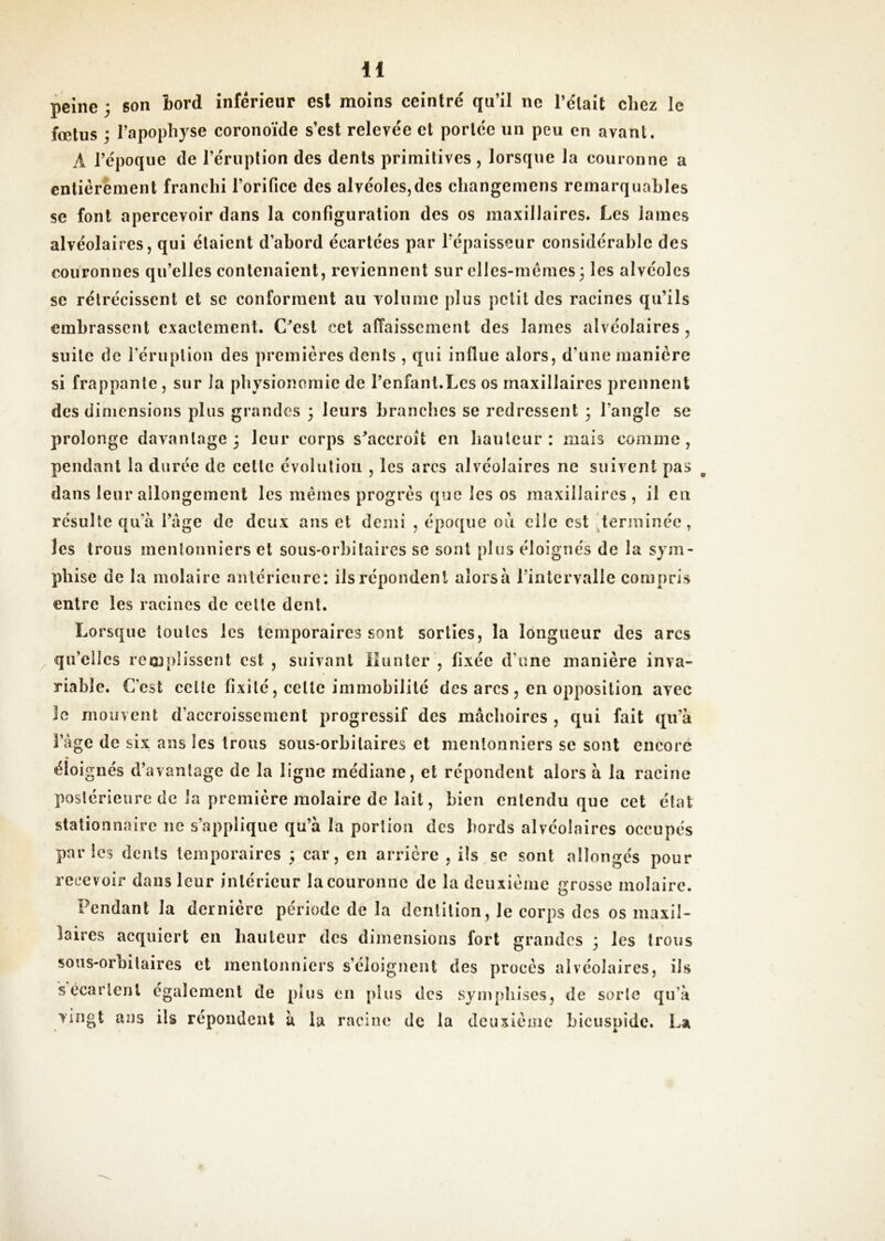 H peine ; son Lord inférieur esl moins ceintré qu’il ne l’était chez le fœtus j l’apophyse coronoïde s’est relevée et portée un peu en avant. A l’époque de l’éruption des dents primitives , lorsque la couronne a entièrement franchi l’orifice des alvéoles,des changemens remarquables se font apercevoir dans la configuration des os maxillaires. Les lames alvéolaires, qui étaient d’abord écartées par l’épaisseur considérable des couronnes qu’elles contenaient, reviennent sur elles-mêmes 3 les alvéoles se rétrécissent et se conforment au volume plus petit des racines qu’ils embrassent exactement. C^est cet affaissement des lames alvéolaires , suite de réruplion des premières dents , qui influe alors, d’une manière si frappante, sur la physionomie de l’enfant.Les os maxillaires prennent des dimensions plus grandes 3 leurs branches se redressent 3 l’angle se prolonge davantage 3 leur corps s^accroît en hauteur: mais comme, pendant la durée de cette évolution , les arcs alvéolaires ne suivent pas dans leur allongement les mêmes progrès que les os maxillaires, il en résulte qivà l’age de deux ans et demi , époque ou elle est terminée, les trous menîonniers et sous-orbitaires se sont plus éloignés de la sym- phise de la molaire antérieure: ils répondent aîorsà l’intervalle compris entre les racines de celle dent. Lorsque toutes les temporaires sont sorties, la longueur des arcs qu’elles remplissent est , suivant ilunter , fixée d’une manière inva- riable. C’est celle fixité, celle immobilité des arcs , en opposition avec le mouvent d’accroissement progressif des mâchoires , qui fait qu’à l’âge de six ans les trous sous-orbitaires et menîonniers se sont encore éloignés d’avantage de la ligne médiane, et répondent alors à la racine postérieure de la première molaire de lait, bien entendu que cet état stationnaire ne s’applique qu’à la portion des bords alvéolaires occupés par les dents temporaires 3 car, en arrière , ils se sont allongés pour recevoir dans leur intérieur la couronne de la deuxième grosse molaire. Fendant la dernière période de la dentition, le corps des os maxil- laires acquiert en bailleur des dimensions fort grandes 3 les trous sous-orbitaires et mentoniiicrs s’éloignent des procès alvéolaires, ils s écartent également de plus en plus des symphises, de sorte qu’à vingt ans ils répondent à la racine de la deuxième bicuspide. La