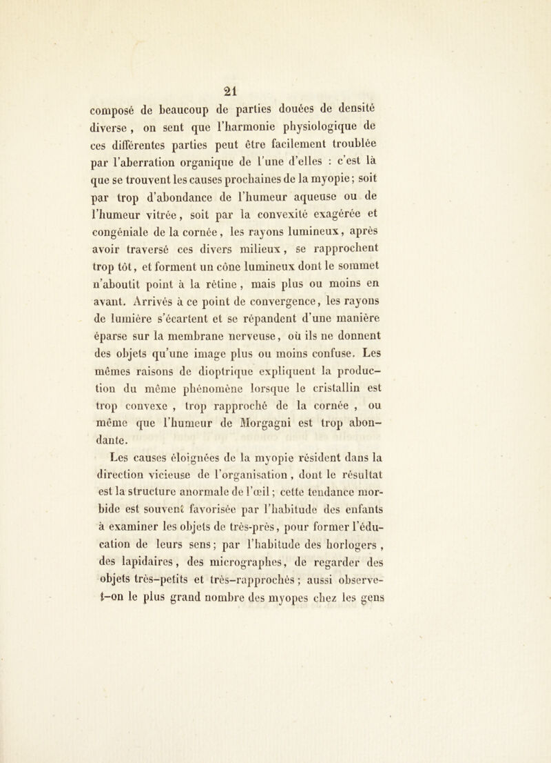 composé de beaucoup de parties douées de densité diverse , on sent que l’harmonie physiologique de ces diflerentes parties peut être facilement troublée par l’aberration organique de l’une d’elles : c’est là que se trouvent les causes prochaines de la myopie ; soit par trop d’abondance de l’humeur aqueuse ou de l’humeur vitrée, soit par la convexité exagérée et congéniale de la cornée, les rayons lumineux, après avoir traversé ces divers milieux, se rapprochent trop tôt, et forment un cône lumineux dont le sommet n’aboutit point à la rétine , mais plus ou moins en avant. Arrivés à ce point de convergence, les rayons de lumière s’écartent et se répandent d’une manière éparse sur la membrane nerveuse, où ils ne donnent des objets qu’une image plus ou moins confuse. Les mêmes raisons de dioptrique expliquent la produc- tion du même phénomène lorsque le cristallin est trop convexe , trop rapproché de la cornée , ou même que l’humeur de Morgagni est trop abon- dante. Les causes éloignées de la myopie résident dans la direction vicieuse de l’organisation , dont le résultat est la structure anormale de l’œil ; cette tendance mor- bide est souvent favorisée par l’habitude des enfants à examiner les objets de très-près, pour former l’édu- cation de leurs sens ; par l’habitude des horlogers , des lapidaires, des micrograplics, de regarder des objets très-petits et très-rapprochés ; aussi observe- t-on le plus grand nombre des myopes chez les gens