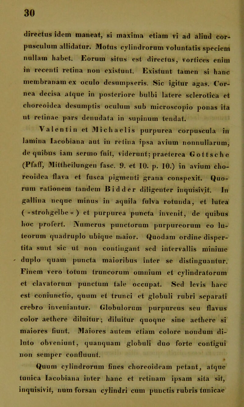 directus idem maneat, si maxima etiam vi ad aliud cor- pusculum allidatur. Motus cylindrorum voluntatis speciem nullam habet, Eorum situs est directus, vortices enim in recenti retina non oxistunt. Existunt tamen si hanc membranam ex oculo desumpseris. Sic igitur agas. Cor- nea decisa atque in posteriore bulbi latere sclerotica et choreoidea desumptis oculum sub niicroscopio ponas ita ut retinae pars denudata in supinum tendat. Valenti n et Midi aciis purpurea corpuscula in lamina lacobiana aut in retina ipsa avium nonnullarum, de quibus iam sermo fuit, viderunt; praeterea Gottsche (PfafT, Mittheilungen fasc. 9. et 10. p. 10.) in avium cho- reoidea flava et fusca pigmenti grana conspe.xit. Quo- rum rationem tandem Bidder diligenter inquisivit. In gallina neque minus in aquila fulva rotunda, et lutea ( strohgelbe « ) et purpurea puncta invenit, de quibus hoc profert. Numerus punctorum purpureorum eo lu- teorum quadruplo ubique niaior. Quodam ordine disper- tita sunt sic ut non contingant sed intervallis minime ' duplo quam puncta maioribus inter se distinguantur. Finem vero totum truncorum omnium et cylindratorum et clavatorum punctum tale occupat. Sed levis baec est coniunctio, quum et trunci et globuli rubri separati crebro inveniantur. Globulorum purpureus seu flavus color aethere diluitur; diluitur quoque sine aethere si maiores fiunt. Maiores autem etiam colore nondum di- luto obveniunt, quanquam globuli duo forte contigui non semper confluunt. Quum cylindrorum fines choreoideam petant, atque tunica lacobiana inter hanc ct retinam ipsam sita sit, inquisivit, num forsan cylindri cum punctis rubris tunicae