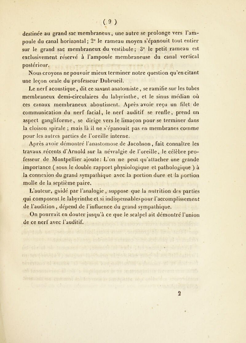 destinée au grand sac membraneux, une autre se prolonge vers l’am- poule du canal horizontal; 2® le rameau moyen s’épanouit tout entier sur le grand sac membraneux du vestibule; 3® le petit rameau est exclusivement réservé à l’ampoule membraneuse du canal vertical postérieur. Nous croyons ne pouvoir mieux terminer notre question qu’en citant une leçon orale du professeur Dubrueil. Le nerf acoustique, dit ce savant analoiniste , se ramifie sur les tubes membraneux demi-circulaires du labyrinthe, et le sinus médian où CCS canaux membraneux aboutissent. Après avoir reçu un filet de communication du nerf facial, le nerf auditif se renfle, prend un aspect gangliforme , se dirige vers le limaçon pour se terminer dans la cloison spirale ; mais là il ne s’épanouit pas en membranes comme pour les autres parties de roreille interne, Ap rès avoir démontré l’anastomose de Jacobson, fait connaître les travaux récents d’Arnold sur la névralgie de l’oreille, le célèbre pro- fesseur de Montpellier ajoute : L’on ne peut qu’attacher une grande importance ( sous le double rapport physiologique et pathologique ) à la connexion du grand sympathique avec la portion dure et la portion molle de la septième paire. L’auteur, guidé par l’analogie , suppose que la nutrition des parties qui composent le labyrinthe et si indispensablespour l’accomplissement de l’audition , dépend de l’influence du grand sympathi(jue. On pourrait en douter jusqu’à ce que le scalpel ait démontré l’union de ce nerf avec l’auditif. 2