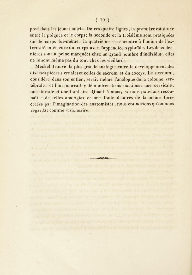 posé dans les jeunes sujets. De ces quaire lignes, la première estsîluce entre la poignée et le corps; la seconde et la troisième sont pratiquées sur le corps lui-même; la quatrième se rencontre à l’union de l’ex- Irémité inférieure du corps avec l’appendice xyphoïde. Les deux der- nières sont à peine marquées chez un grand nombre d’individus; elles ne le sont meme pas du tout chez les vieillards. Meckel trouve la plus grande analogie entre le développement des diverses pièces sternales et celles du sacrum et du coccyx. Le sternum , considéré dans son entier, serait même l’analogue de la colonne ver- tébrale, et l’on pourrait y démontrer trois portions: une cervicale, une dorsale et une lombaire. Quant à nous, si nous pouvions recon- naître de telles analogies et une foule d’autres de la même force créées par l’imagination des anatomistes, nous craindrions qu’on nous regardai comme visionnaire.