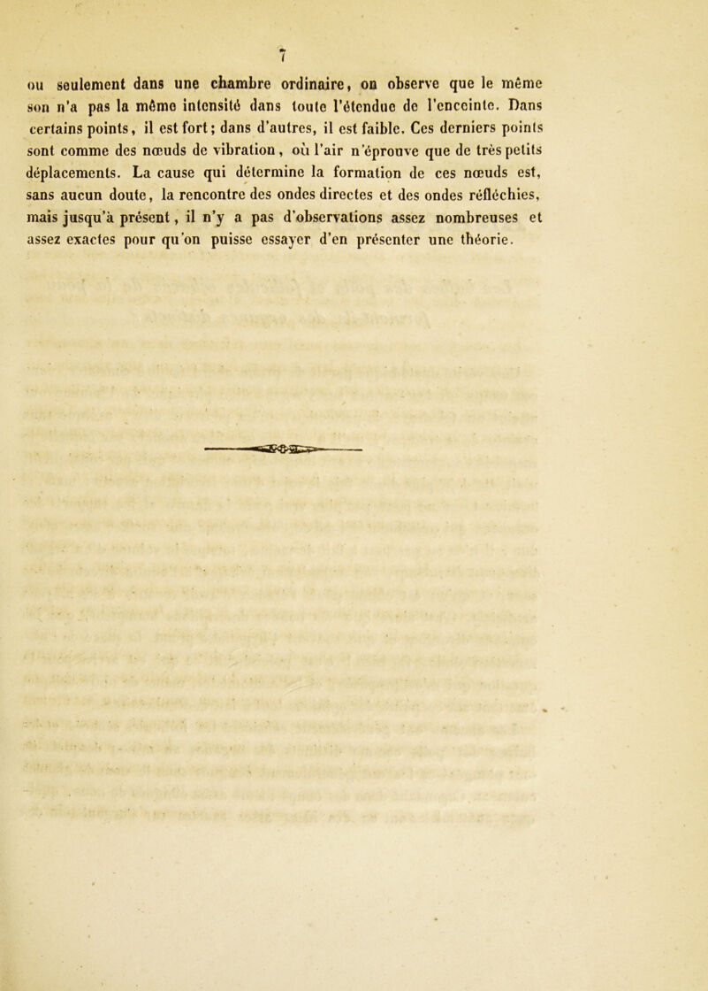 m / ou seulement dans une chambre ordinaire, on observe que le même son n’a pas la même intensité dans toute l’étendue de l’eDCcinle. Dans certains points, il est fort; dans d’autres, il est faible. Ces derniers points sont comme des nœuds de vibration, où l’air n éprouvé que de très petits déplacements. La cause qui détermine la formation de ces nœuds est, sans aucun doute, la rencontre des ondes directes et des ondes réfléchies, maïs jusqu’à présent, il n’y a pas d’observations assez nombreuses et assez exactes pour qu’on puisse essayer d’en présenter une théorie.