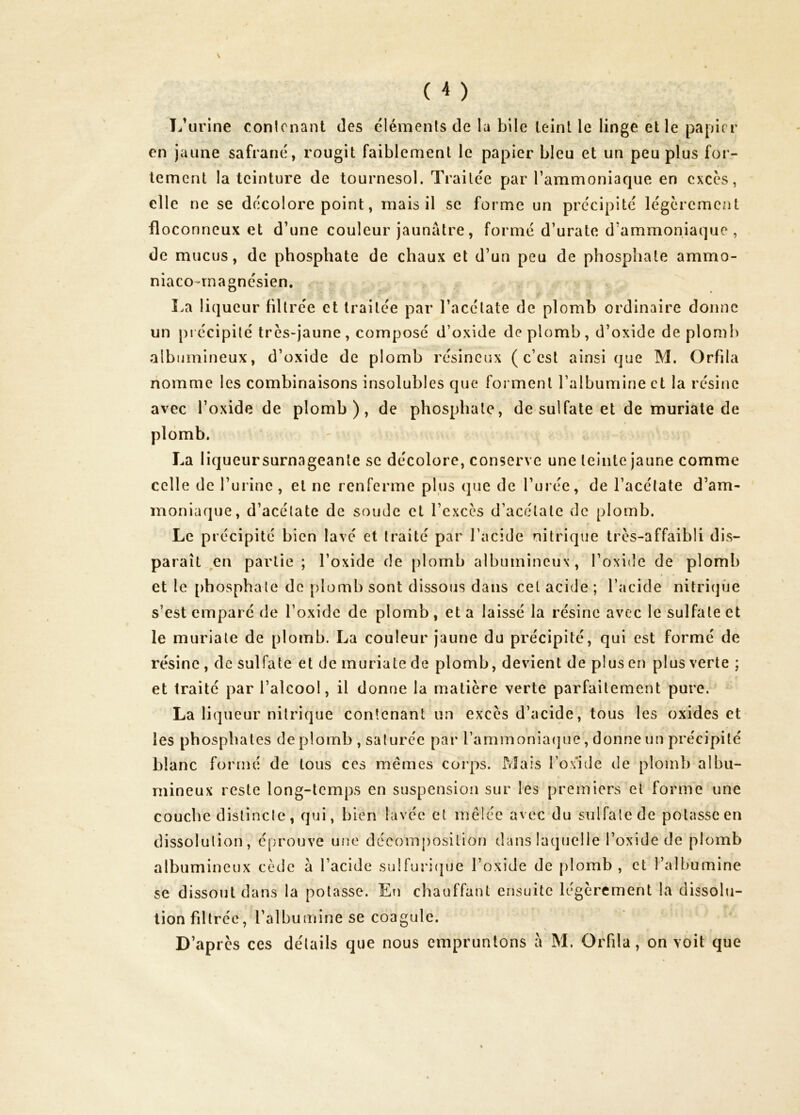 T/urine conlcnant des éléments de la bile teint le linge elle papier en jaune safrané, rougit faiblement le papier bleu et un peu plus for- tement la teinture de tournesol. Traitée par l’ammoniaque en excès, elle ne se décolore point, mais il se forme un précipité légèrement floconneux et d’une couleur jaunâtre, formé d’urate d’ammoniaque , de mucus, de phosphate de chaux et d’un peu de phosphate ammo- niaco-rnagnésien. La liqueur filtrée et traitée par l’acétate de plomb ordinaire donne un précipité tres-jaune, composé d’oxide de plomb, d’oxide de plomb albumineux, d’oxide de plomb résineux (c’est ainsique M. Orfila nomme les combinaisons insolubles que forment l’albumine et la résine avec l’oxide de plomb), de phosphate, de sulfate et de muriate de plomb. La liqueursurnageanle se décolore, conserve une teinte jaune comme celle de l’urine, et ne renferme plus que de l’urée, de l’acétate d’am- moniaque, d’acétate de soude et l’excès d’acétate de plomb. Le précipité bien lavé et traité par l’acide nitrique très-affaibli dis- paraît en partie ; l’oxide de plomb albumineux, l’oxide de plomb et le phosphate de plomb sont dissous dans cet acide ; l’acide nitriqùe s’est emparé de l’oxide de plomb, et a laissé la résine avec le sulfate et le muriate de plomb. La couleur jaune du précipité, qui est formé de résine , de sulfate et de muriate de plomb, devient de plus en plus verte ; t et traité par l’alcool, il donne la matière verte parfaitement pure. * La liqueur nitrique contenant un excès d’acide, tous les oxides et les phosphates de plomb , saturée par l’ammoniafjue, donne un précipité blanc formé de tous ces memes corps. Mais l’o.xide de plomb albu- mineux reste long-temps en suspension sur les premiers et forme une couche distincte, qui, bien lavée et mêlée avec du sulfalede potasse en dissolution, éprouve une décomposition dans laquelle l’oxide de plomb albumineux cède à l’acide su!furi(pje l’oxide de plomb, et l’albumine se dissout dans la potasse. Erj chauffant ensuite légèrement la dissolu- tion fdtréc, ralbumine se coagule. D’après ces détails que nous empruntons â M. OiTila, on voit que