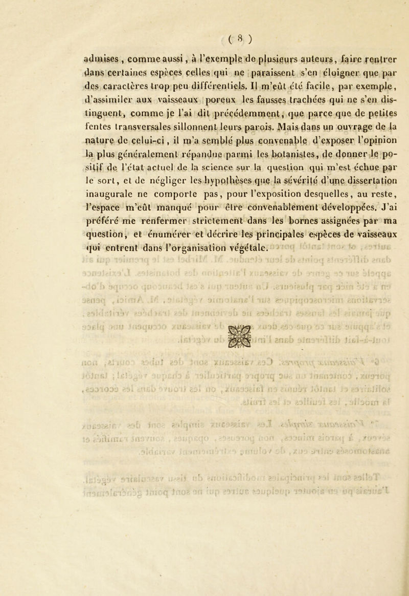 ( « ) admises , comme aussi, h l’exemple de plusieurs auteurs, faire feutrer dans certaines espèces celles qui ne paraissent s’en éloigner que par des caractères trop peu différentiels. Il m’eût été facile, par exemple, d’assimiler aux vaisseaux poreux les fausses trachées qui ne s’en dis- tinguent, comme je l’ai dit précédemment, que parce que de petites fentes transversales sillonnent leurs parois. Mais dans un ouvrage de la nature de celui-ci, il m’a semblé plus convenable d’exposer l’opinion la plus généralement répandue parmi les botanistes, de donner le po- sitif de l'ctat actuel de la science sur la question qui m’est échue par le sort, et de négliger les hypothèses que la sévérité d’une dissertation inaugurale ne comporte pas, pour l’exposition desquelles, au reste, l’espace m’eût manqué pour être convenablement développées. J’ai préféré me renfermer strictement dans les bornes assignées par ma question, et énumérer et décrire les principales espèces de vaisseaux qui entrent dans l’organisation végétale.