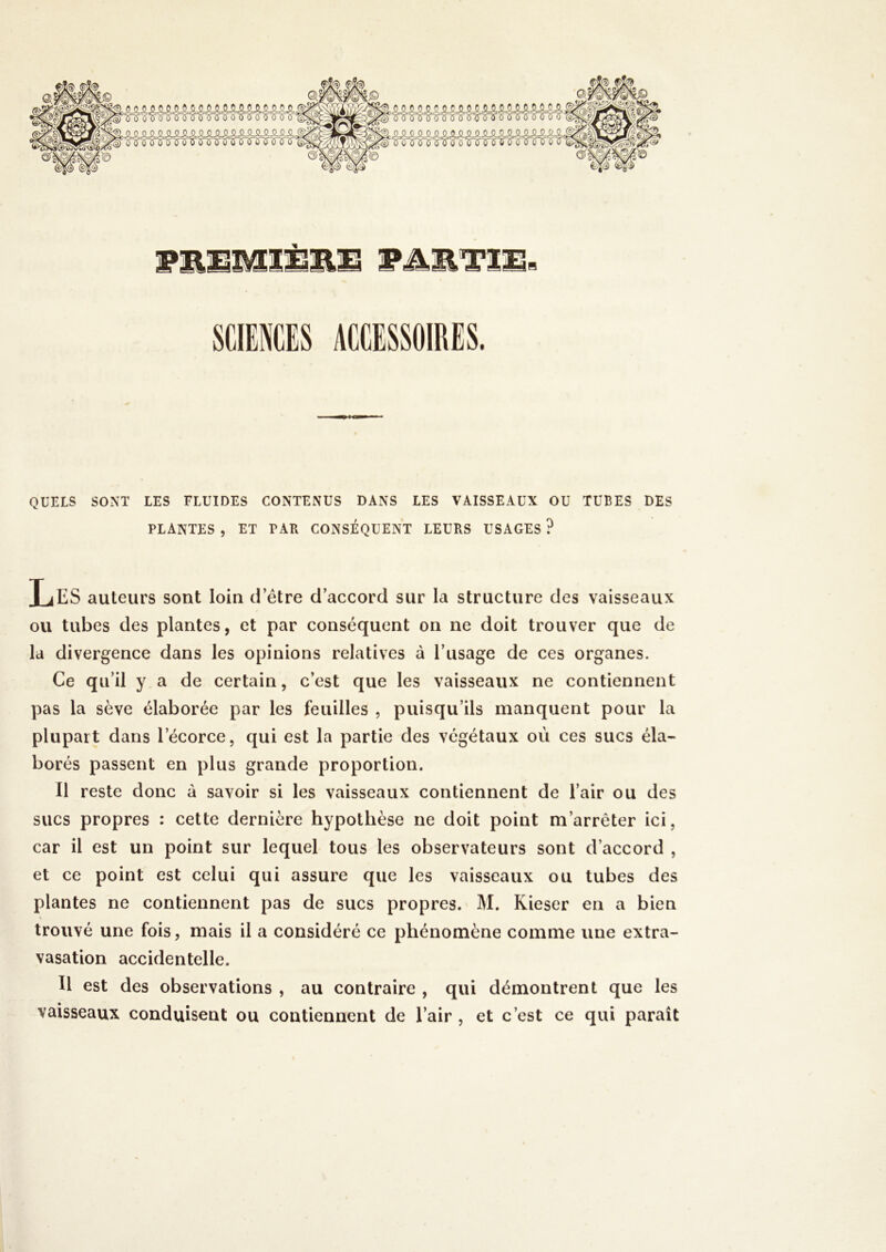 msÊffi* OfjiJ (£%Æ ~<S tnr& psg SCIENCES ACCESSOIRES. QUELS SONT LES FLUIDES CONTENUS DANS LES VAISSEAUX OU TUBES DES PLANTES, ET PAR CONSÉQUENT LEURS USAGES ? XjES auteurs sont loin d’être d’accord sur la structure des vaisseaux ou tubes des plantes, et par conséquent on ne doit trouver que de la divergence dans les opinions relatives à l’usage de ces organes. Ce qu’il y a de certain, c’est que les vaisseaux ne contiennent pas la sève élaborée par les feuilles , puisqu’ils manquent pour la plupart dans l’écorce, qui est la partie des végétaux où ces sucs éla- borés passent en plus grande proportion. Il reste donc à savoir si les vaisseaux contiennent de l’air ou des sucs propres : cette dernière hypothèse ne doit point m’arrêter ici, car il est un point sur lequel tous les observateurs sont d’accord , et ce point est celui qui assure que les vaisseaux ou tubes des plantes ne contiennent pas de sucs propres. M. Kieser en a bien trouvé une fois, mais il a considéré ce phénomène comme une extra- vasation accidentelle. Il est des observations , au contraire , qui démontrent que les vaisseaux conduisent ou contiennent de l’air , et c’est ce qui paraît