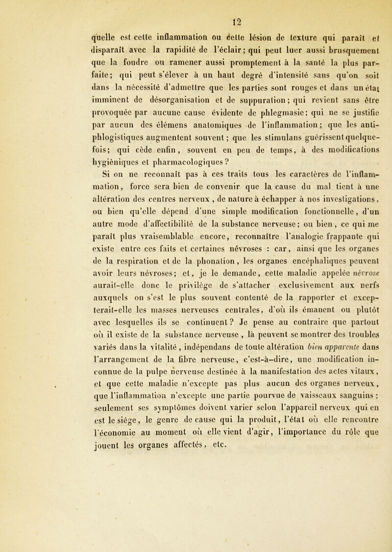 quelle est cette inflammation ou cette lésion de texture qui paraît et disparaît avec la rapidité de l’éclair; qui peut luer aussi brusquement que la foudre ou ramener aussi promptement à la santé la plus par- faite; qui peut s’élever à un haut degré d’intensité sans qu’on soit dans la nécessité d’admettre que les parties sont rouges et dans un état imminent de désorganisation et de suppuration ; qui revient sans être provoquée par aucune cause évidente de phlegmasie; qui ne se justifie par aucun des élémens anatomiques de l’inflammation ; que les anti- phlogistiques augmentent souvent; que les stimulans guérissent quelque- fois; qui cède enfin, souvent en peu de temps, à des modifications hygiéniques et pharmacologiques ? Si on ne reconnaît pas à ces traits tous les caractères de l’inflam- mation, force sera bien de convenir que la cause du mal tient aune altération des centres nerveux , de nature à échapper à nos investigations, ou bien qu’elle dépend d’une simple modification fonctionnelle, d’un autre mode d’affeclibilité de la substance nerveuse; ou bien, ce qui me paraît plus vraisemblable encore, reconnaître l’analogie frappante qui existe entre ces faits et certaines névroses : car, ainsi que les organes de la respiration et de la phonation, les organes encéphaliques peuvent avoir leurs névroses; et, je le demande, cette maladie appelée névrose aurait-elle donc le privilège de s’attacher exclusivement aux nerfs auxquels on s’est le plus souvent contenté de la rapporter et excep- terait-elle les masses nerveuses centrales, d’où ils émanent ou plutôt avec lesquelles ils se continuent? Je pense au contraire que partout où il existe de la substance nerveuse , là peuvent se montrer des troubles variés dans la vitalité , indépendans de toute altération bien apparente dans rarrangement de la fibre nerveuse, c’est-à-dire, une modification in- connue de la pulpe nerveuse destinée à la manifestation des actes vitaux, et que cette maladie n’excepte pas plus aucun des organes nerveux, que l’inflammation n’excepte une partie pourvue de vaisseaux sanguins ; seulement ses symptômes doivent varier selon l’appareil nerveux qui en est le siège, le genre de cause qui la produit, l’état où elle rencontre l’économie au moment où elle vient d’agir, l’importance du rôle que jouent les organes affectés, etc.