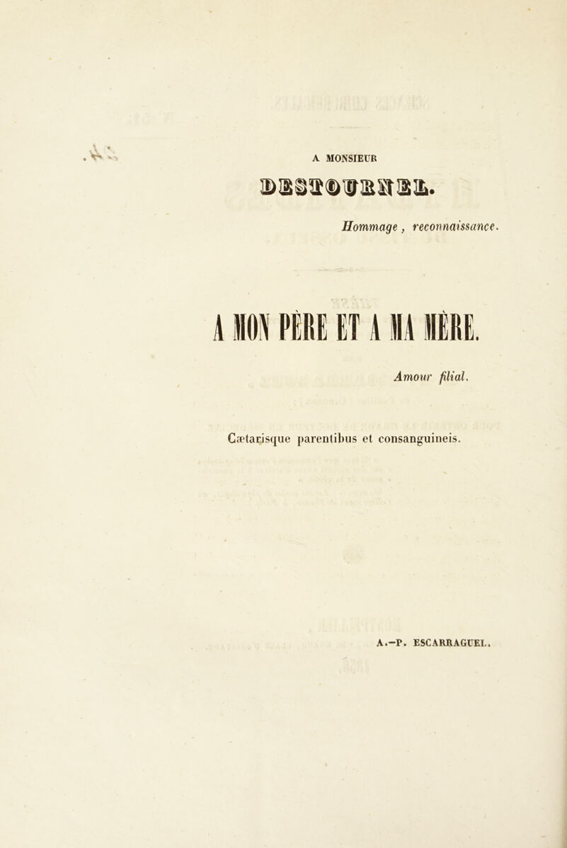 / A MONSIEUR Hommage, reconnaissance* Amour filial* Cætarisque pareniibus et consanguineis. A.-P. ESCARRAGÜEL.