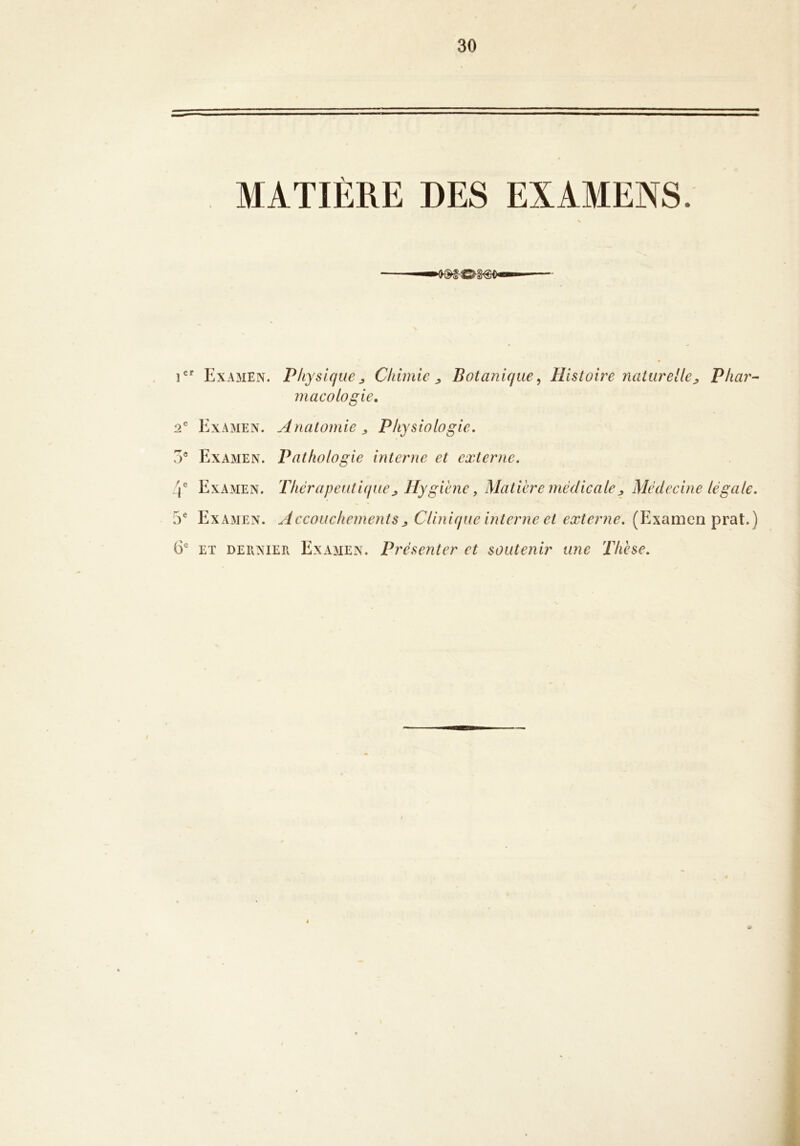 f 30 MATIÈRE DES EXAMENS. 1*' Examen. Physique^ Chimie^ Bota?îique, Histoire naturelle^ Phar- macologie, 2® Examen. Anatomie j, Physiologie, 7f Examen. Pathologie interne et externe. A e Examen. Thérapeutiquej, Hygiène, Matière médicalej. Médecine légale. 5® ExAxAIEn. Accouchements Clinique interne et externe. (Examen prat.) Eï DEiiNiER Examen. Présenter et soutenir une Thèse.