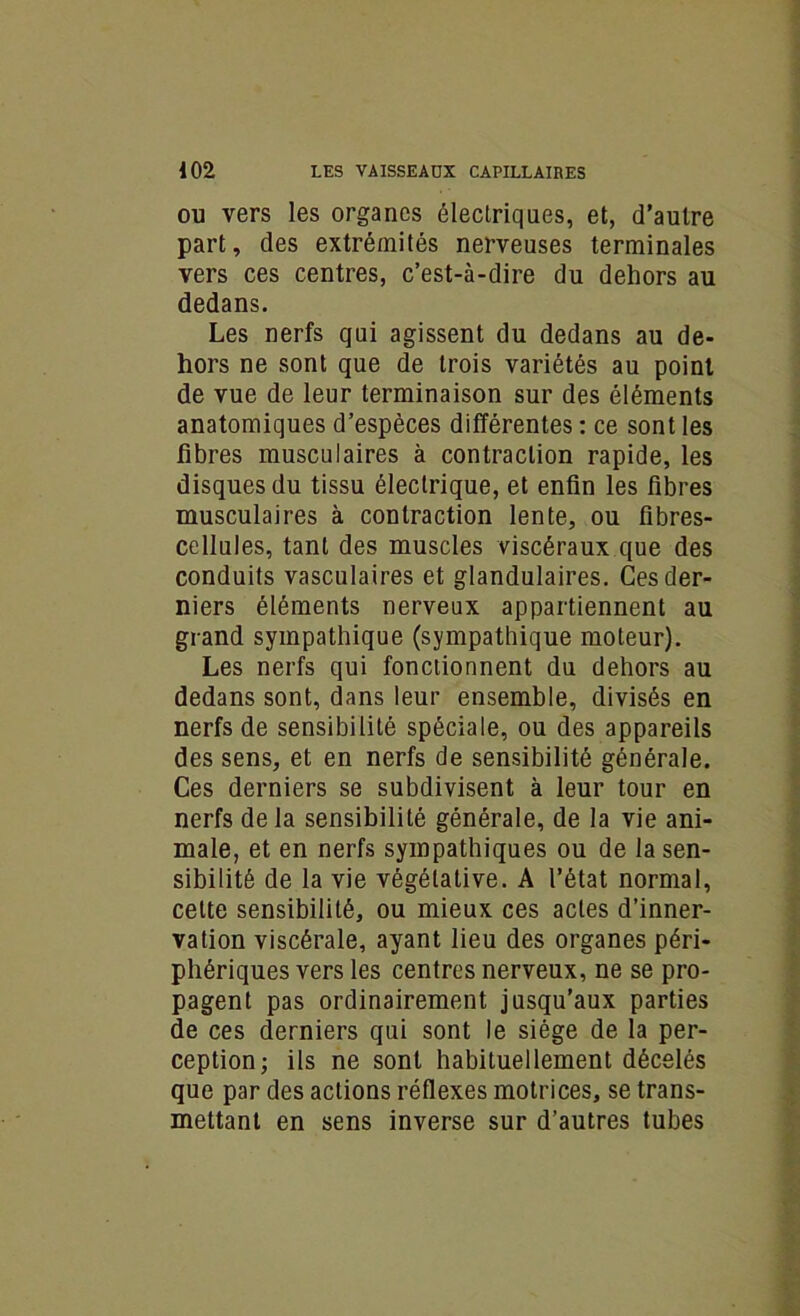 ou vers les organes électriques, et, d’autre part, des extrémités nerveuses terminales vers ces centres, c’est-à-dire du dehors au dedans. Les nerfs qui agissent du dedans au de- hors ne sont que de trois variétés au point de vue de leur terminaison sur des éléments anatomiques d’espèces différentes : ce sont les fibres musculaires à contraction rapide, les disques du tissu électrique, et enfin les fibres musculaires à contraction lente, ou fibres- cellules, tant des muscles viscéraux que des conduits vasculaires et glandulaires. Ces der- niers éléments nerveux appartiennent au grand sympathique (sympathique moteur). Les nerfs qui fonctionnent du dehors au dedans sont, dans leur ensemble, divisés en nerfs de sensibilité spéciale, ou des appareils des sens, et en nerfs de sensibilité générale. Ces derniers se subdivisent à leur tour en nerfs de la sensibilité générale, de la vie ani- male, et en nerfs sympathiques ou de la sen- sibilité de la vie végétative. A l’état normal, cette sensibilité, ou mieux ces actes d’inner- vation viscérale, ayant lieu des organes péri- phériques vers les centres nerveux, ne se pro- pagent pas ordinairement jusqu’aux parties de ces derniers qui sont le siège de la per- ception; ils ne sont habituellement décelés que par des actions réflexes motrices, se trans- mettant en sens inverse sur d’autres tubes