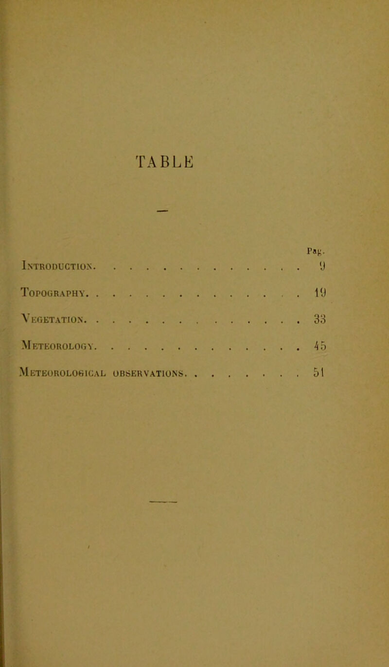TABLE P«K- Introduction 9 Topography 19 Vegetation 33 Meteorology 45 Meteorological observations 51