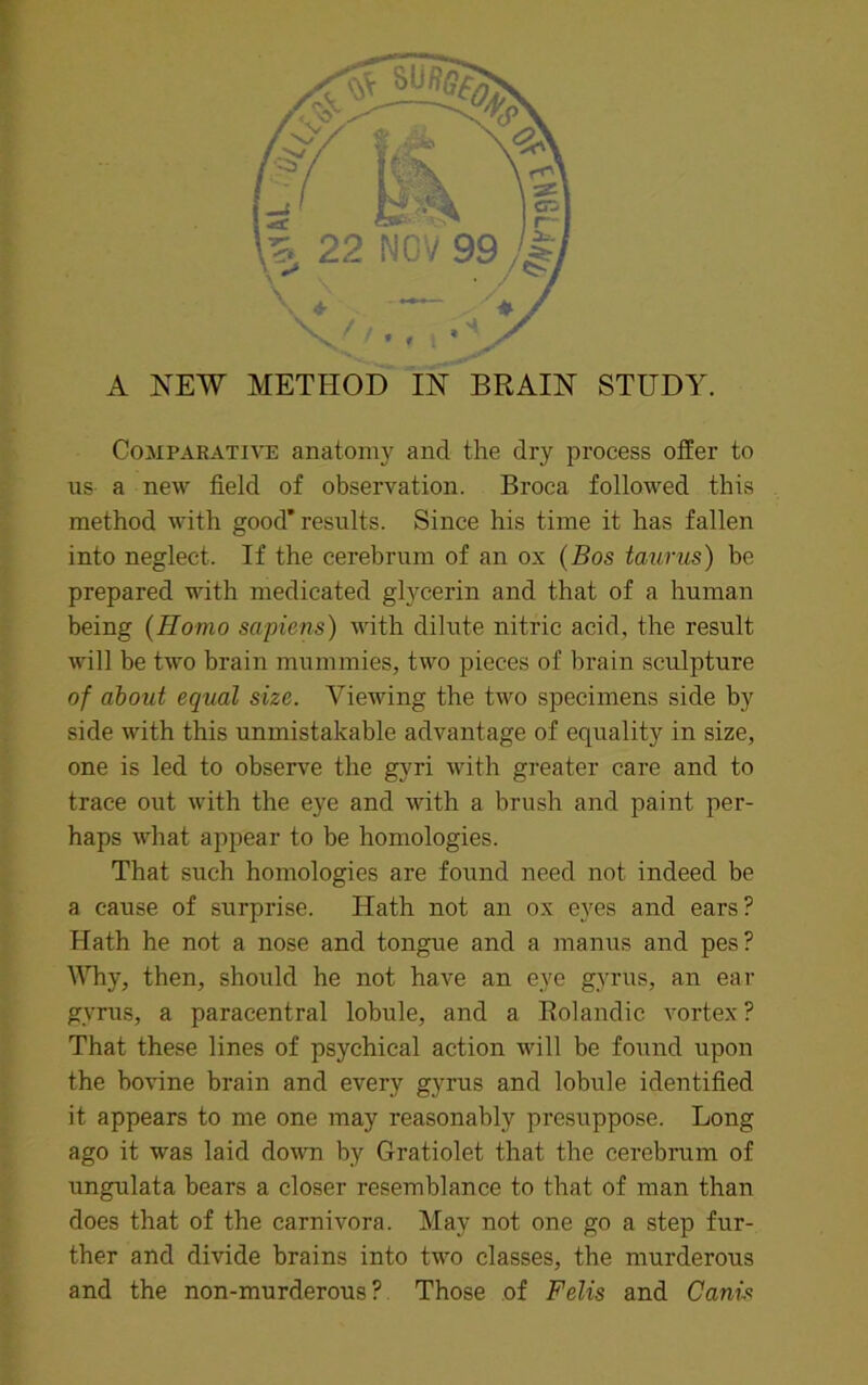 Comparative anatomy and the dry process offer to us a new field of observation. Broca followed this method with good* results. Since his time it has fallen into neglect. If the cerebrum of an ox (Bos taurus) be prepared with medicated glycerin and that of a human being (Homo sapiens) with dilute nitric acid, the result will be two brain mummies, two pieces of brain sculpture of about equal size. Viewing the two specimens side by side with this unmistakable advantage of equality in size, one is led to observe the gyri with greater care and to trace out with the eye and with a brush and paint per- haps what appear to be homologies. That such homologies are found need not indeed be a cause of surprise. Hath not an ox eyes and ears? Hath he not a nose and tongue and a manus and pes? Why, then, should he not have an eye gyrus, an ear gyrus, a paracentral lobule, and a Rolandic vortex ? That these lines of psychical action will be found upon the bovine brain and every gyrus and lobule identified it appears to me one may reasonably presuppose. Long ago it was laid down by Gratiolet that the cerebrum of ungulata bears a closer resemblance to that of man than does that of the carnivora. May not one go a step fur- ther and divide brains into two classes, the murderous and the non-murderous ? Those of Felis and Canis