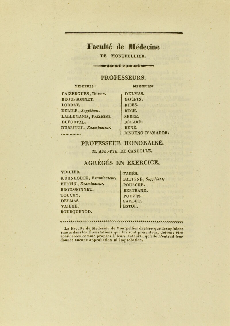 Faculté de Médecine DE MONTPELLIER. PROFESSEURS. Messieurs ï CAIZERGUES, Doyen. BROUSSONNET. LORDAT. DEL ÎLE, Suppléant. LALLEMAND, Présdent. DUPORTAL. DUBRUEIL, Examinateur. MESSIEURS! DELMAS. GOLFIN. RIBES. RECH. SERRE. BÉRARD. RENÉ. RISUENO D’AMADOR. PROFESSEUR HONORAIRE. M. Aug.-Pyr. DE CANDOLLE. AGRÉGÉS EN EXERCICE, VIOUIER. KÜHNHOLTZ, Examinateur. BERTIN, Examinateur• BROUSSONNET. TOUGHY. DELMAS. VAILHÉ. BOURQUENOD. FAGÉS. B AT IGNE, Suppléanti POURCHE. BERTRAND. POUZIN. SAISSET. ESTOR. VVVVVI La Faculté de Médecine de Montpellier déclare que les opinion* émises dans les Dissertations qui lui sont présentées, doivent être considérées comme propres à leurs auteurs, qu’elle n’entend leur donner aucune approbation ni improbation.