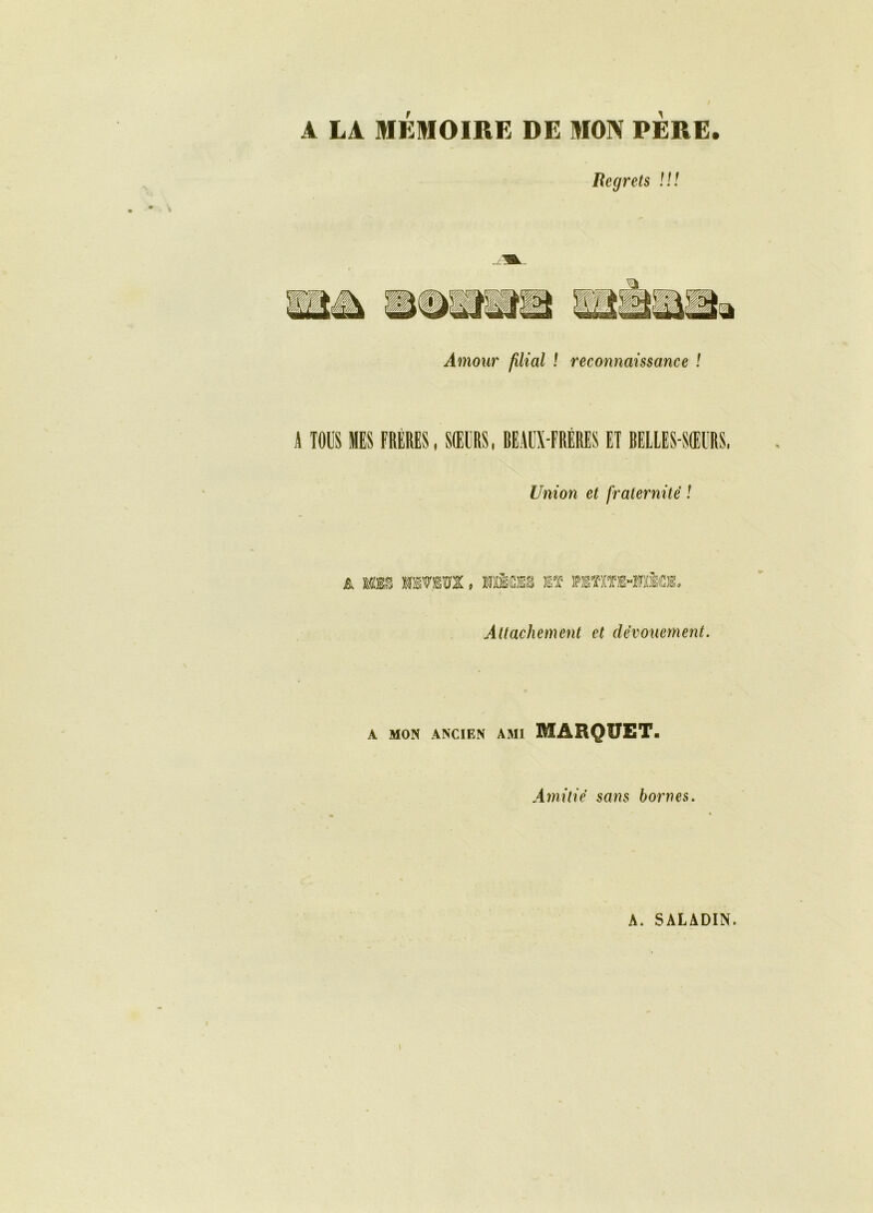 A LA MEMOIRE DE MON PERE. Regrets II! Amour filial ! reconnaissance ! A TOUS MES FRERES, SŒURS, BEAUX-FRÈRES El BELLES-SŒURS, Union et fraternité & mm nmm t mites m mnn-mMM, Attachement et dévouement. A MON ANCIEN AMI MARQUET. Amitié sans bornes. A. SALADIN.