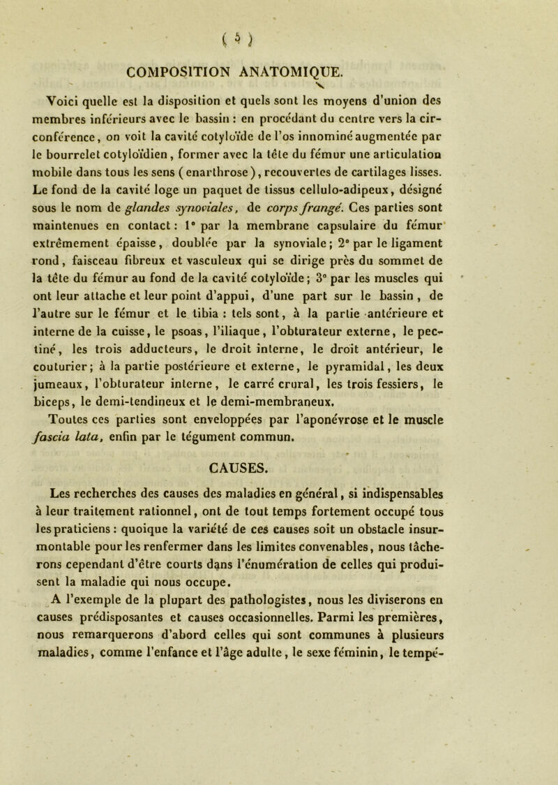 COMPOSITION ANATOMIQUE. v Voici quelle est la disposition et quels sont les moyens d’union des membres inférieurs avec le bassin : en procédant du centre vers la cir- conférence, on voit la cavité cotyloïde de l’os innominé augmentée par le bourrelet cotyloïdien, former avec la tête du fémur une articulation mobile dans tous les sens ( enarthrose ), recouvertes de cartilages lisses. Le fond de la cavité loge un paquet de tissus cellulo-adipeux, désigné sous le nom de glandes synoviales, de corps frangé. Ces parties sont maintenues en contact: 1° par la membrane capsulaire du fémur extrêmement épaisse, doublée par la synoviale ; 2° par le ligament rond, faisceau fibreux et vasculeux qui se dirige près du sommet de la tête du fémur au fond de la cavité cotyloïde ; 3° par les muscles qui ont leur attache et leur point d’appui, d’une part sur le bassin, de l’autre sur le fémur et le tibia : tels sont, à la partie «antérieure et interne de la cuisse, le psoas, l’iliaque, l’obturateur externe, le pec- tine, les trois adducteurs, le droit interne, le droit antérieur, le couturier; à la partie postérieure et externe, le pyramidal, les deux jumeaux, l’obturateur interne, le carré crural, les trois fessiers, le biceps, le demi-tendineux et le demi-membraneux. Toutes ces parties sont enveloppées par l’aponévrose et le muscle fascia lata, enfin par le tégument commun. CAUSES. Les recherches des causes des maladies en général, si indispensables à leur traitement rationnel, ont de tout temps fortement occupé tous les praticiens : quoique la variété de ces causes soit un obstacle insur- montable pour les renfermer dans les limites convenables, nous tâche- rons cependant d’être courts dans l’énumération de celles qui produi- sent la maladie qui nous occupe. A l’exemple de la plupart des pathologistes, nous les diviserons en causes prédisposantes et causes occasionnelles. Parmi les premières, nous remarquerons d’abord celles qui sont communes à plusieurs maladies, comme l’enfance et l’âge adulte, le sexe féminin, le tempe-