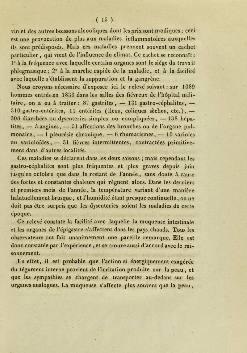 vin et des autres boissons alcooliques dont les prixsont modiques ; ccci est une provocation de plus aux maladies inflammatoires auxquelles ils sont prédisposés. Mais ces maladies prennent souvent un cachet particulier , qui vient de l’influence du climat. Ce cachet se reconnaît : 1° à la fréquence avec laquelle certains organes sont le siège du travail phlegmasique ; 2° à la marche rapide de la maladie, et à la facilité avec laquelle s’établissent la suppuration et la gangrène. Nous croyons nécessaire d’exposer ici le relevé suivant : sur 1089 hommes entrés en 1836 dans les salles des fiévreux de l’hôpital mili- taire, on a eu à traiter: 87 gastrites, — 131 gastro-céphalites, — 310 gastro-entérites, 11 entérites (iléus, coliques sèches, etc.), — 308 diarrhées ou dysenteries simples ou compliquées, — 138 hépa- tites, — 5 angines, — 51 affections des bronches ou de l’organe pul- monaire, — 1 pleurésie chronique, — 6 rhumatismes, — 10 varioles ou varioloïdes, — 31 fièvres intermittentes, contractées primitive- ment dans d’autres localités. Ces maladies se déclarent dans les deux saisons ; mais cependant les gastro-céphalites sont plus fréquentes et plus graves depuis juin jusqu’en octobre que dans le restant de l’année , sans doute à cause des fortes et constantes chaleurs qui régnent alors. Dans les derniers et premiers mois de l’année, la température variant d’une manière habituellement brusque, et l’humidité étant presque continuelle, on ne doit pas être surpris que les dysenteries soient les maladies de cette époque. Ce relevé constate la facilité avec laquelle la muqueuse intestinale et les organes de l’épigastre s’affectent dans les pays chauds. Tous les observateurs ont fait unanimement une pareille remarque. Elle est donc constatée par l’expérience, et se trouve aussi d’accord avec le rai- sonnement. En effet, il est probable que l’action si énergiquement exagérée du tégument interne provient de l’irritation produite sur la peau , et que les sympathies se chargent de transporter au-dedans sur le$ organes analogues. La muqueuse s’affecte plus souvent que la peau,