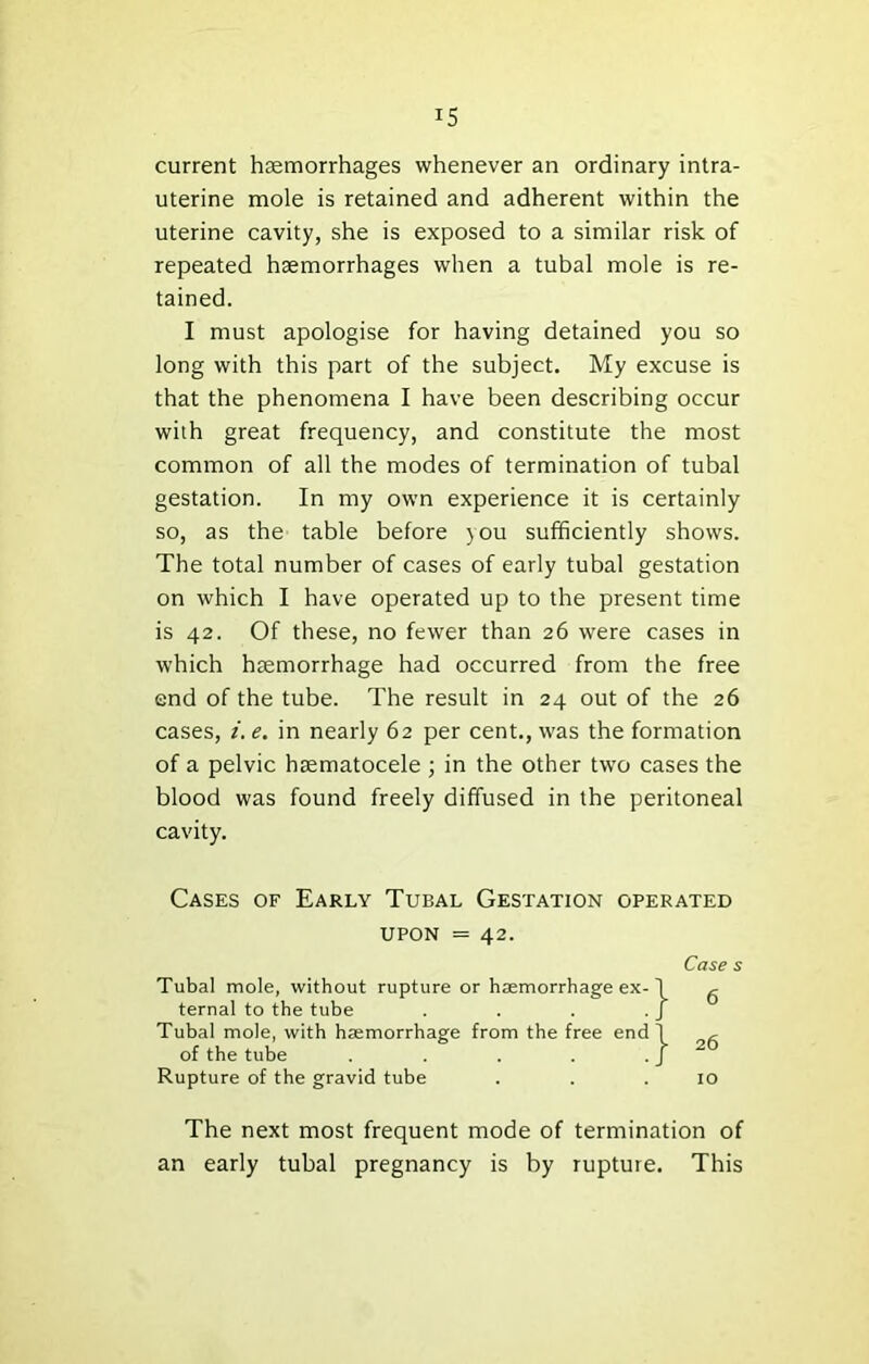 current hsemorrhages whenever an ordinary intra- uterine mole is retained and adherent within the uterine cavity, she is exposed to a similar risk of repeated haemorrhages when a tubal mole is re- tained. I must apologise for having detained you so long with this part of the subject. My excuse is that the phenomena I have been describing occur with great frequency, and constitute the most common of all the modes of termination of tubal gestation. In my own experience it is certainly so, as the table before )ou sufficiently shows. The total number of cases of early tubal gestation on which I have operated up to the present time is 42. Of these, no fewer than 26 were cases in which haemorrhage had occurred from the free end of the tube. The result in 24 out of the 26 cases, i. e. in nearly 62 per cent,, was the formation of a pelvic hsematocele ; in the other two cases the blood was found freely diffused in the peritoneal cavity. Cases of Early Tubal Gestation operated UPON = 42. Tubal mole, without rupture or haemorrhage ex- ternal to the tube . . . . Tubal mole, with haemorrhage from the free end of the tube . . . . . Rupture of the gravid tube Case s 6 26 10 The next most frequent mode of termination of an early tubal pregnancy is by rupture. This