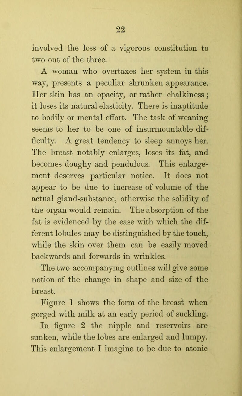 involved the loss of a vigorous constitution to two out of the three. A woman who overtaxes her system in this way, presents a peculiar shrunken appearance. Her skin has an opacity, or rather chalkiness ; it loses its natural elasticity. There is inaptitude to bodily or mental effort. The task of weaning seems to her to be one of insurmountable dif- ficulty. A great tendency to sleep annoys her. The breast notably enlarges, loses its fat, and becomes doughy and pendulous. This enlarge- ment deserves particular notice. It does not appear to be due to increase of volume of the actual gland-substance, otherwise the solidity of the organ would remain. The absorption of the fat is evidenced by the ease with which the dif- ferent lobules may be distinguished by the touch, while the skin over them can be easily moved backwards and forwards in wrinkles. The two accompanying outliues will give some notion of the change in shape and size of the breast. Figure 1 shows the form of the breast when gorged with milk at an early period of suckling. In figure 2 the nipple and reservoirs are sunken, while the lobes are enlarged and lumpy. This enlargement I imagine to be due to atonic