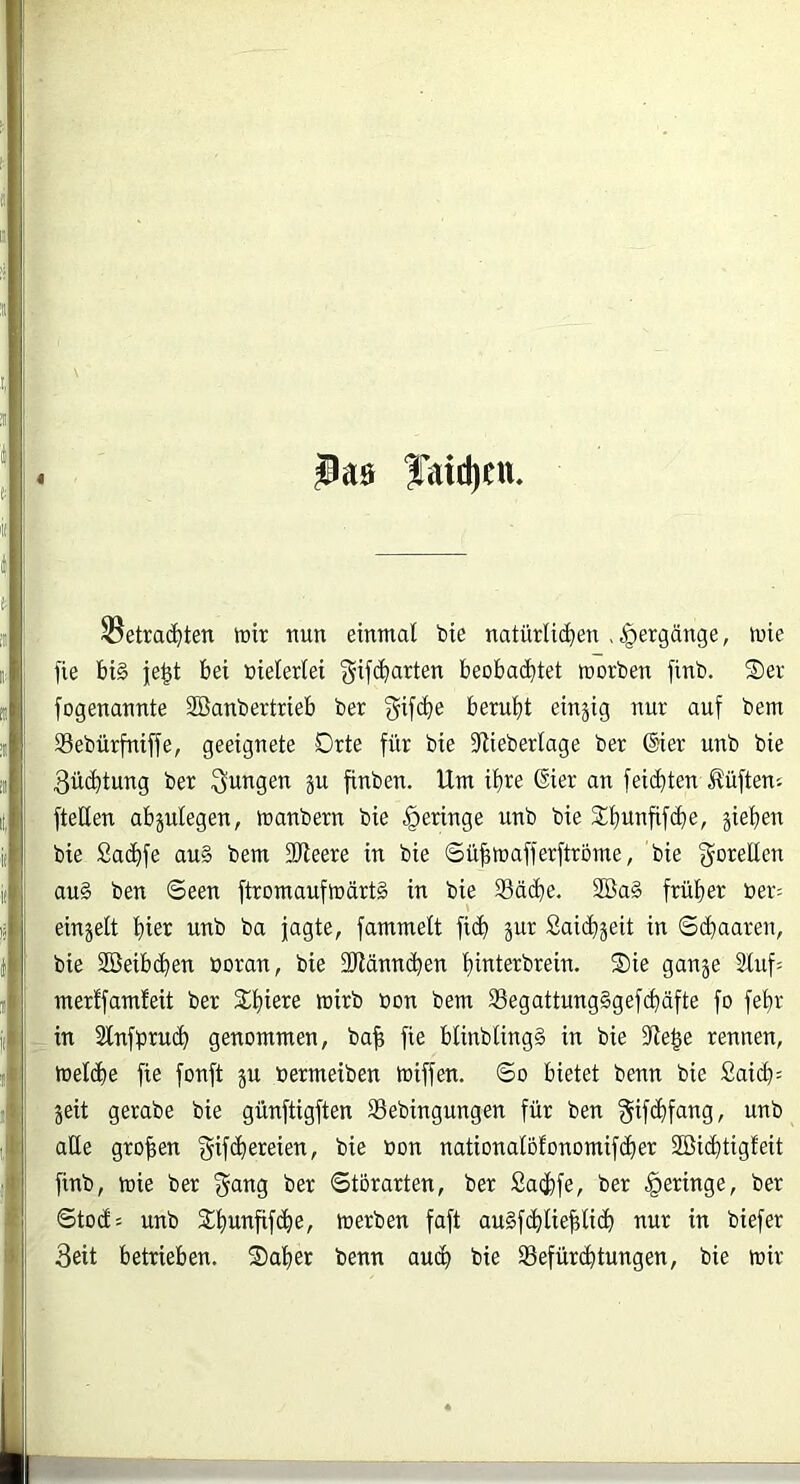 faid)Ctt. S5etra(^ten wir nun einntd bie natürlichen .Hergänge, wie fie bi§ je^t bei bieterlei gifcbarten beobachtet worben finb. Ser fogenannte 3öanbertrieb ber gifche beruht einzig nur auf bem Sebürfniffe, geeignete Drte für bie fRieberlage ber @ier unb bie 3ü(btung ber jungen äu finben. Um ihre ®ier an feichtenJ^üfteni ftetlen abjulegen, wanbern bie geringe unb bie Shunfif(be, jiehen bie 2a(bfe au§ bem SJleere in bie Sü^wafferftrbme, bie gorellen au§ ben ©een ftromaufwärtg in bie Sache. 2öa§ früher üer= einjelt hier unb ba jagte, fammelt fi(b jur £ai(bjeit in ©chaareu, bie Söeibdhen ooran, bie 2Jiännchen hinterbrein. Sie ganje 2tuf= merffamfeit ber Shiere wirb bon bem Segattung§gefchäfte fo fehr in 2lnfbru(^ genommen, ba| fie hUnbting§ in bie fRe^e rennen. Welche fie fonft ju »ermeiben wiffen. ©o bietet benn bie 2aich= jeit gerabe bie günftigften Sebingungen für ben §ifd)fang, unb aße großen i^if(i)ereien, bie »on nationalofonomifcher SBichtigteit finb, wie ber ber ©tbrarten, ber 2a(i)fe, ber geringe, ber ©to(f= unb Shunfif(^e, werben faft au§f(hIiehli(^) nur in biefer Seit betrieben. Saher benn aud) bie Sefür(^tungen, bie wir