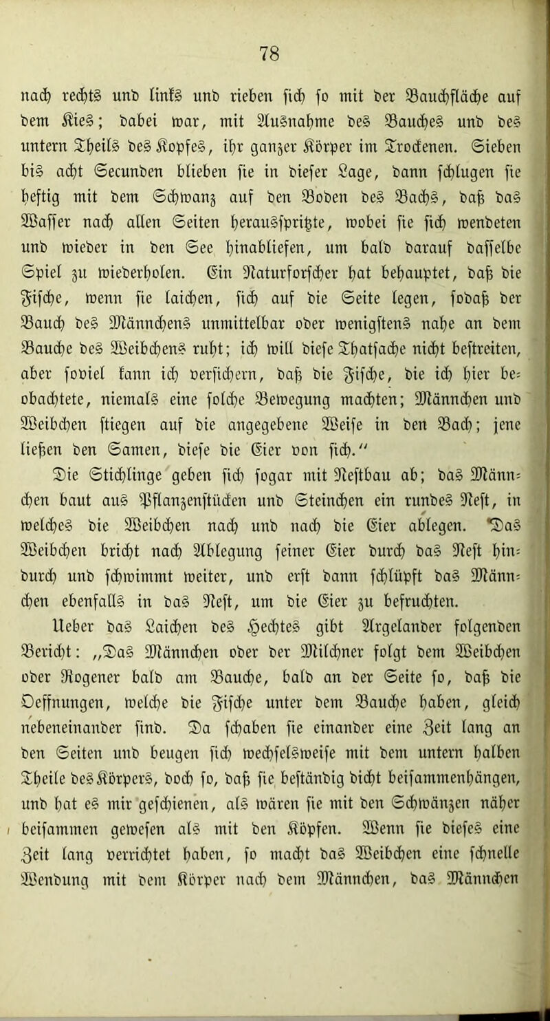 nac^ red)t§ unt Unf§ unb rieben fi(^) fo mit ber SBauc^fläcbe auf bem Äie§; babei mar, mit ätuSna^me be§ 93ambe§ unb be§ untern 2:t)eil§ be§Äo?ife§, if)r ganzer ^br^jer im SLroctenen. Sieben big a(^t Secunben blieben fie in biefer Sage, bann fcfilugen fie f)eftig mit bem Sdbman^ auf ben 33oben be§ ®ad)§, ba^ bn§ SBaffer nac^ allen Seiten l)eraugfpri^te, mobei fie fi<^ menbeten unb mieber in ben See l)inabtiefen, um halb barauf baffelbe Spiel ju mieberl)Dlen. ®in 9laturforfc^er l)at bel)auptet, ba^ bie f^iftbe, >üenn fie laidben, ficb auf bie Seite legen, foba^ ber 33aud) be§ 2Ränn(^)en§ unmittelbar ober menigftenS nal)e an bem Saudbe beg Sßeibcfieng rul}t; icb mill biefe Stfjatfatbe nic^t beftreiten, aber fobiel fann i(^i oerficbern, ba^ bie bie id) hier be= obacbtete, niemalg eine folcbe Semegung machten; SRänndben unb Söeibcben ftiegen auf bie angegebene äßeife in ben 35a(i); jene liefen ben Samen, biefe bie ßier oon ficb. 2)ie Sti(blinge geben ficb fogat mit flieftbau ab; bag fWänn; (ben baut aug ißflanäenftiuden unb Stein(ben ein runbeg fReft, in mel(beg bie 2Beib(ben na(b unb na(b bie (§ier ablegen. *5)ag SBeibcben bricbt na(b Slblegung feiner 6ier burcb bag fReft bii^' burcb unb fdbmimmt meiter, unb erft bann f(blüpft bag 2Ränn= ^en ebenfaEg in bag fReft, um bie ßier ju befruchten. lieber bag Saicben beg §ecbteg gibt Slrgelanber folgenben Serid}t: „S)ag SRänmben ober ber 2Ril(bner folgt bem 2Beibd}en ober fRogener halb am 35au(be, halb an ber Seite fo, bab bie Oeffnungen, mel(be bie ^if(be unter bem 93au(be baten, gleich nebeneinanber finb. Sa fd}aben fie cinanber eine 3eit lang an ben Seiten unb beugen fid) mecbfelgmeife mit bem untern halben Sbeile beg^orperg, boch fo, bab fie beftänbig biibt beifammenbängen, unb bat eg mir gefd}ienen, alg mären fie mit ben Sibmanjen näher I beifammen gemefen alg mit ben Äopfen. SBenn fie biefeg eine 3eit lang berrichtet haben, fo macht bag SBeibcben eine fcbnelle ®enbung mit bem Jlbrper nach bem flRänncben, bag 2Ränncl)cn