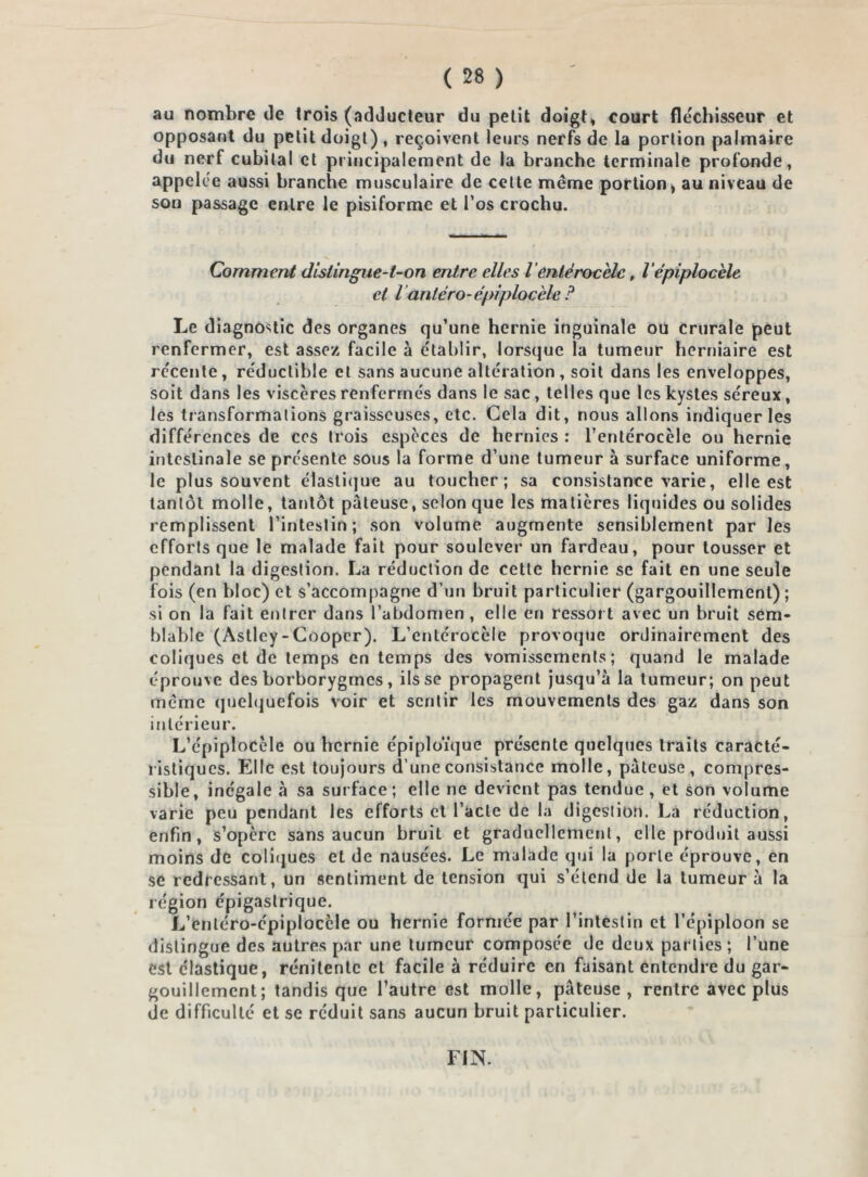 au nombre de trois (adducteur du petit doigt* court fléchisseur et opposant du petit doigt) , reçoivent leurs nerfs de la portion palmaire du nerf cubital et principalement de la branche terminale profonde, appelée aussi branche musculaire de cette même portion* au niveau de son passage entre le pisiforme et l’os crochu. Comment dislingue-t-on entre elles l'entéroeele, l’épiplocèle et l anléro-épiplocèle ? Le diagnostic des organes qu’une hernie inguinale ou crurale peut renfermer, est assez facile à établir, lorsque la tumeur herniaire est récente, réductible et sans aucune altération , soit dans les enveloppes, soit dans les viscères renfermés dans le sac, telles que les kystes séreux, les transformations graisseuses, etc. Cela dit, nous allons indiquer les différences de ces trois espèces de hernies : l’entérocèle ou hernie intestinale se présente sous la forme d’une tumeur à surface uniforme, le plus souvent élastique au toucher; sa consistance varie, elle est tantôt molle, tantôt pâteuse, selon que les matières liquides ou solides remplissent l’intestin; son volume augmente sensiblement par les efforts que le malade fait pour soulever un fardeau, pour tousser et pendant la digestion. La réduction de cette hernie se fait en une seule fois (en bloc) et s’accompagne d’un bruit particulier (gargouillement) ; si on la fait entrer dans l’abdomen, elle en ressort avec un bruit sem- blable (Astlcy - Coopcr). L’entérocèle provoque ordinairement des coliques et de temps en temps des vomissements ; quand le malade éprouve des horhorygmes, ils se propagent jusqu’à la tumeur; on peut même quelquefois voir et sentir les mouvements des gaz dans son intérieur. L’épiplocèle ou hernie épiploïque présente quelques traits caracté- ristiques. Elle est toujours d’une consistance molle, pâteuse, compres- sible, inégale à sa surface ; elle ne devient pas tendue , et son volume varie peu pendant les efforts et l’acte de la digestion. La réduction, enfin, s’opère sans aucun bruit et graduellement, elle produit aussi moins de coliques et de nausées. Le malade qui la porte éprouve, en se redressant, un sentiment de tension qui s’étend de la tumeur à la région épigastrique. L’enléro-épiplocèle ou hernie formée par l’intestin et l’épiploon se distingue des autres par une tumeur composée de deux parties ; l’une est élastique, rénitente et facile à réduire en faisant entendre du gar- gouillement; tandis que l’autre est molle, pâteuse, rentre avec plus de difficulté et se réduit sans aucun bruit particulier. FIN.