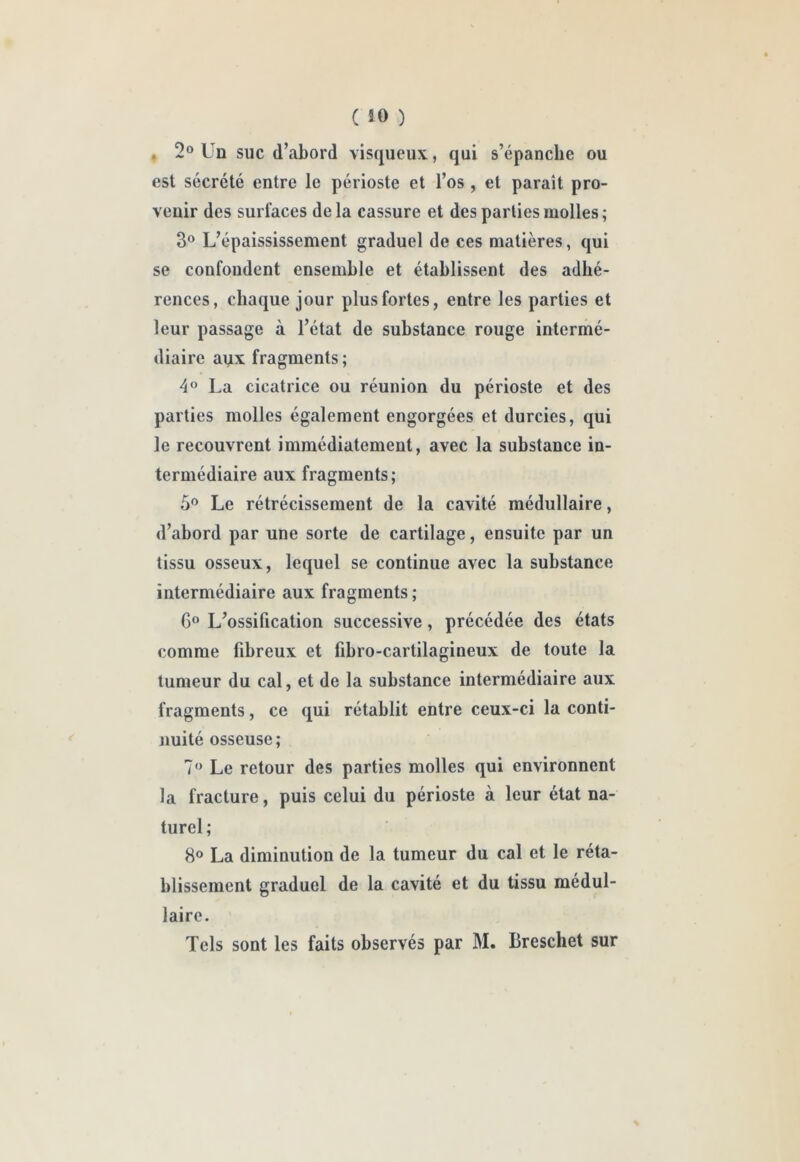 ou 4 2® Un suc d’abord visqueux, qui s’épanche est sécrété entre le périoste et l’os , et paraît pro- venir des surfaces de la cassure et des parties molles ; 3® L’épaississement graduel de ces matières, qui se confondent ensemble et établissent des adhé- rences, chaque jour plus fortes, entre les parties et leur passage à l’état de substance rouge intermé- diaire aux fragments ; 4« La cicatrice ou réunion du périoste et des parties molles également engorgées et durcies, qui le recouvrent immédiatement, avec la substance in- termédiaire aux fragments; 5® Le rétrécissement de la cavité médullaire, d’abord par une sorte de cartilage, ensuite par un tissu osseux, lequel se continue avec la substance intermédiaire aux fragments ; G» L’ossification successive, précédée des états comme fibreux et fibro-cartilagineux de toute la tumeur du cal, et de la substance intermédiaire aux fragments, ce qui rétablit entre ceux-ci la conti- nuité osseuse; 7“ Le retour des parties molles qui environnent la fracture, puis celui du périoste à leur état na- turel ; 8° La diminution de la tumeur du cal et le réta- blissement graduel de la cavité et du tissu médul- laire. Tels sont les faits observés par M. Breschet sur