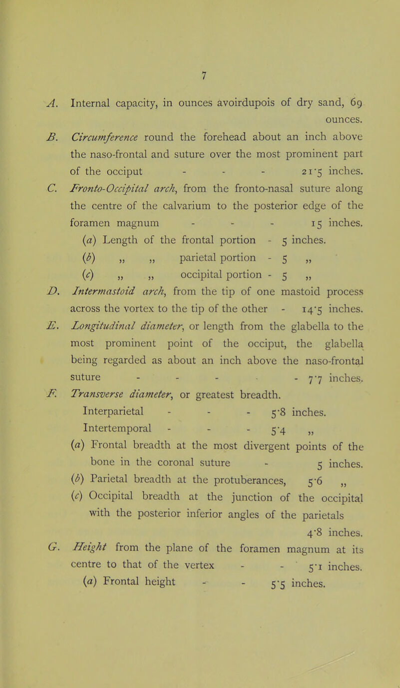 A. Internal capacity, in ounces avoirdupois of dry sand, 69 ounces. B. Circumference round the forehead about an inch above the naso-frontal and suture over the most prominent part of the occiput - - - 21'5 inches. C. Fronto-Occipital arch, from the fronto-nasal suture along the centre of the calvarium to the posterior edge of the foramen magnum - - - 15 inches. {a) Length of the frontal portion - 5 inches. ip) „ „ parietal portion - 5 „ (c) „ „ occipital portion - 5 „ Z>. Intermastoid arch, from the tip of one mastoid process across the vortex to the tip of the other - i45 inches. E. Longitudinal diameter, or length from the glabella to the most prominent point of the occiput, the glabella being regarded as about an inch above the naso-frontal suture - - - - 77 inches. F. Transverse diameter, or greatest breadth. Interparietal - - - 5-8 inches. Intertemporal - - - 5'4 » (a) Frontal breadth at the most divergent points of the bone in the coronal suture - 5 inches. {b) Parietal breadth at the protuberances, 5-6 „ (c) Occipital breadth at the junction of the occipital with the posterior inferior angles of the parietals 4*8 inches. G. Height from the plane of the foramen magnum at its centre to that of the vertex - - 5-1 inches. (a) Frontal height - - 5-5 inches.