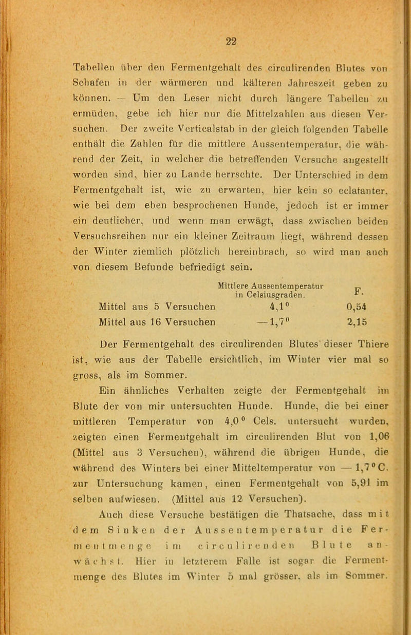 Tabellen über den Fermentg:ehalt des circulirenden Blutes von Scliafen in der wärmeren und kälteren Jahreszeit geben zu können. -- Um den Leser nicht durch längere Tabellen zu ermüden, gebe ich hier nur die Mittelzahlen aus diesen Ver- suchen. Der zweite Verticalstab in der gleich folgenden Tabelle enthält die Zahlen für die mittlere Aussentemperatur, die wäh- rend der Zeit, in welcher die betreffenden Versuche angestellt worden sind, hier zu Lande herrschte. Der Unterschied in dem Fermentgehalt ist, wie zu erwarten, hier kein so eclatanter, wie bei dem eben besprochenen Hunde, jedoch ist er immer ein deutlicher, und wenn man erwägt, dass zwischen beiden Versuchsreihen nur ein kleiner Zeitraum liegt, während dessen der Winter ziemlich plötzlich hereinbrach, so wird man auch von diesem Befunde befriedigt sein. Der Fermentgehalt des circulirenden Blutes dieser Thiere ist, wie aus der Tabelle ersichtlich, im Winter vier mal so gross, als im Sommer. Ein ähnliches Verhalten zeigte der Fermentgehalt im Blute der von mir untersuchten Hunde. Hunde, die bei einer mittleren Temperatur von 4,0® Gels, untersucht wurden, zeigten einen Fermentgehalt im circulirenden Blut von 1,06 (Mittel aus 3 Versuchen), während die übrigen Hunde, die während des Winters bei einer Mitteltemperatur von —1,7°C. zur Untersuchung kamen, einen Fermentgehalt von 5,91 im selben aufwiesen. (Mittel aus 12 Versuchen). A\ich diese Versuche bestätigen die Thatsache, dass m i t dem Sinken der Aussentemperatur die F e r - rn e n I rn c n g e im circulirenden Blute an- wäch.*=t. Hier in letzterem Falle ist sogar die Fermeut- menge des Blutes im Winter 5 mol grösser, als im Sommer. Mittel aus 5 Versuchen Mittel aus 16 Versuchen Mittlere Ausaentemperatur in Celaiusgraden. 4,1® — 1,7 F. 0,54 2,15