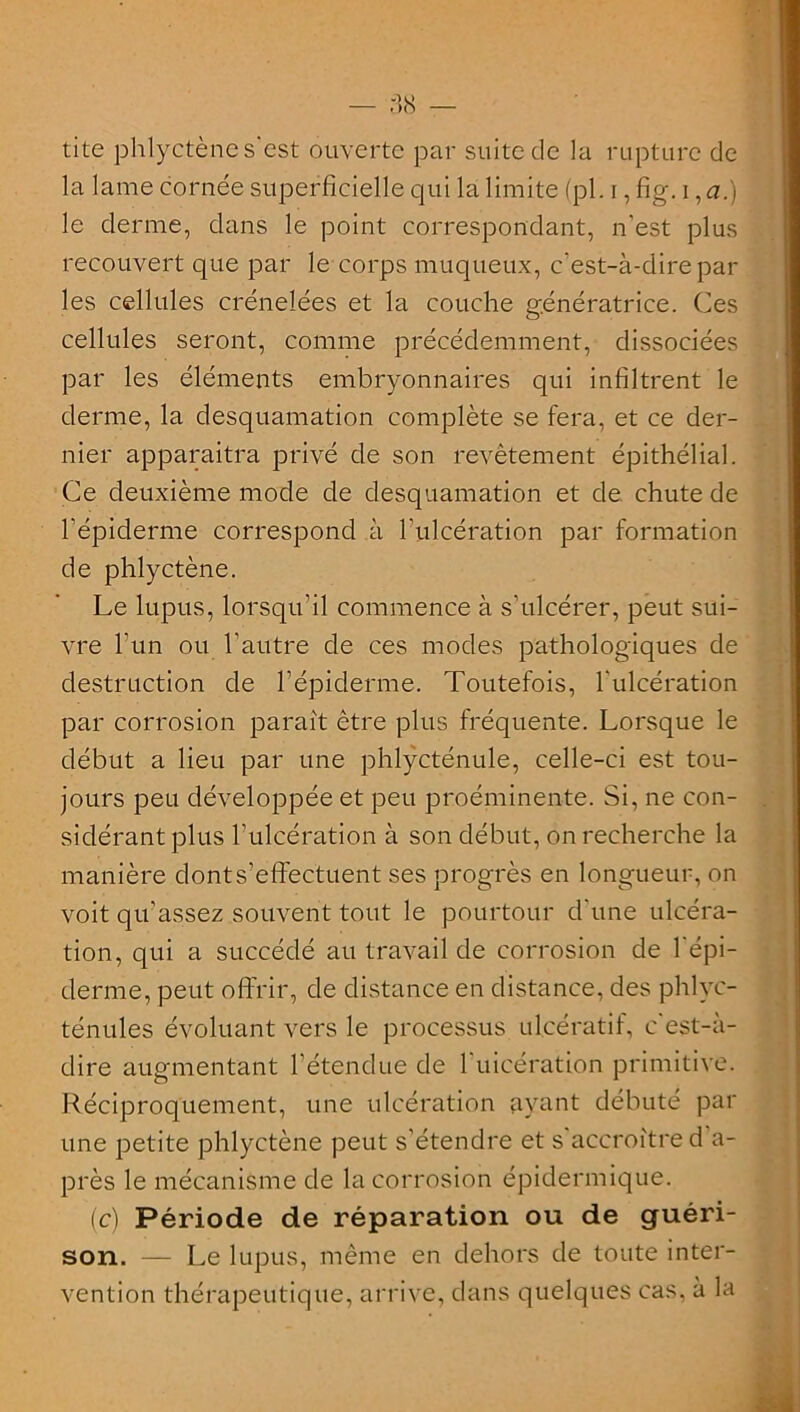 tite phlyctène s'est ouverte par suite de la rupture de la lame cornée superficielle qui la limite (pl. i, fig. i ,æ.) le derme, dans le point correspondant, n'est plus recouvert que par le corps muqueux, c'est-à-dire par les cellules crénelées et la couche génératrice. Ces cellules seront, comme précédemment, dissociées par les éléments embryonnaires qui infiltrent le derme, la desquamation complète se fera, et ce der- nier apparaitra privé de son revêtement épithélial. Ce deuxième mode de desquamation et de chute de l’épiderme correspond à l’ulcération par formation de phlyctène. Le lupus, lorsqu’il commence à s’ulcérer, peut sui- vre l’un ou l’autre de ces modes pathologiques de destruction de l’épiderme. Toutefois, l'ulcération par corrosion paraît être plus fréquente. Lorsque le début a lieu par une phlÿcténule, celle-ci est tou- jours peu développée et peu proéminente. Si, ne con- sidérant plus l’ulcération à son début, on recherche la manière donts’effectuent ses progrès en longueur, on voit qu’assez souvent tout le pourtour d'une ulcéra- tion, qui a succédé au travail de corrosion de l'épi- derme, peut offrir, de distance en distance, des phlyc- ténules évoluant vers le processus ulcératif, c est-a- dire augmentant l’étendue de l'uicération primitive. Réciproquement, une ulcération ayant débuté par une petite phlyctène peut s'étendre et s accroître d a- près le mécanisme de la corrosion épidermique. (c) Période de réparation ou de guéri- son. — Le lupus, même en dehors de toute inter- vention thérapeutique, arrive, dans quelques cas, à la