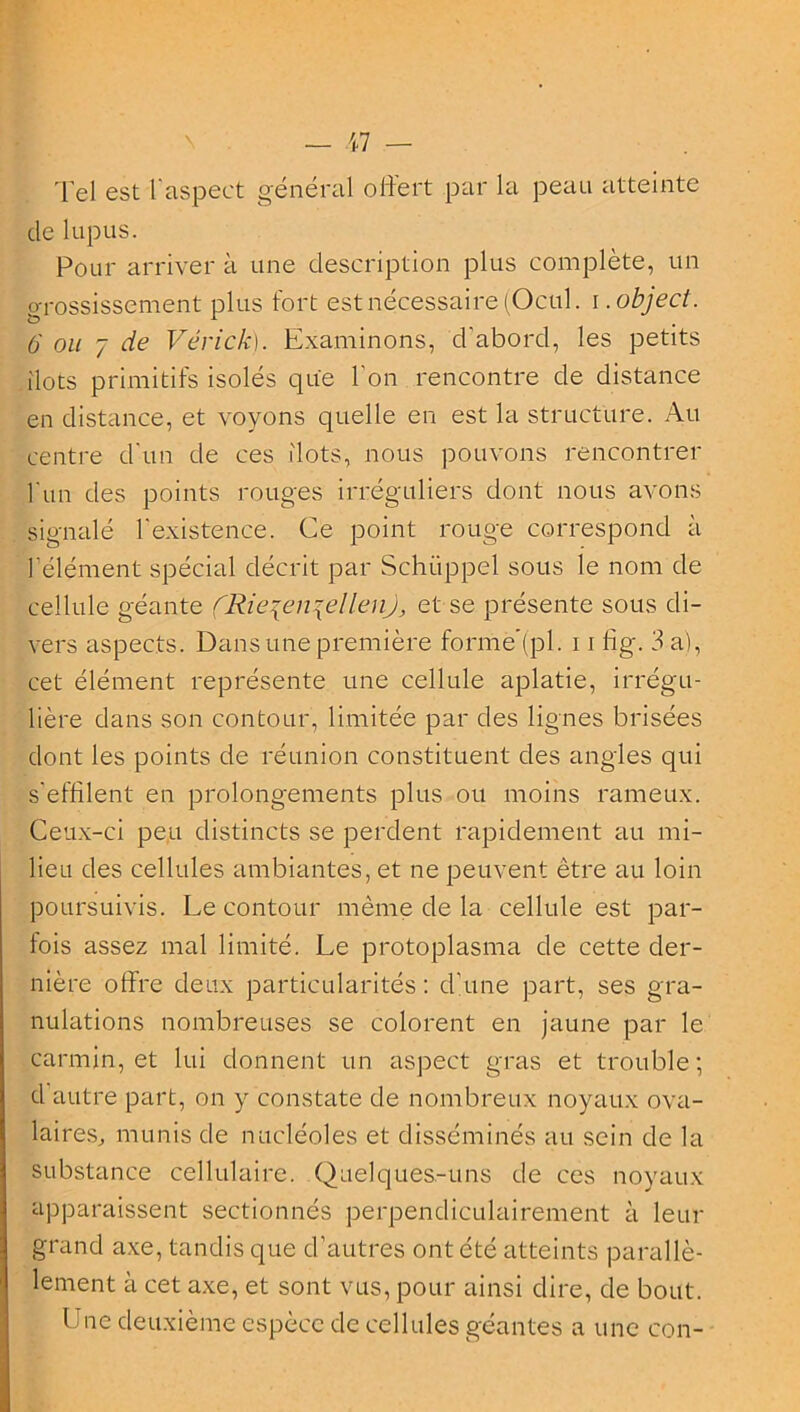 Tel est F aspect général offert par la peau atteinte de lupus. Pour arriver à une description plus complète, un grossissement plus fort est nécessaire (Ocul. i.object. 6 ou 7 de Vérick). Examinons, d'abord, les petits ilôts primitifs isolés que l'on rencontre de distance en distance, et voyons quelle en est la structure. Au centre d'un de ces Ilots, nous pouvons rencontrer l un des points rouges irréguliers dont nous avons signalé l'existence. Ce point rouge correspond à l'élément spécial décrit par Schüppel sous le nom de cellule géante (Rie%m{ellenJ, et se présente sous di- vers aspects. Dans une première forme (pl. 11 fig. 3 a), cet élément représente une cellule aplatie, irrégu- lière dans son contour, limitée par des lignes brisées dont les points de réunion constituent des angles qui s'effilent en prolongements plus ou moins rameux. Ceux-ci peu distincts se perdent rapidement au mi- lieu des cellules ambiantes, et ne peuvent être au loin poursuivis. Le contour même de la cellule est par- fois assez mal limité. Le protoplasma de cette der- nière offre deux particularités: d'une part, ses gra- nulations nombreuses se colorent en jaune par le carmin, et lui donnent un aspect gras et trouble; d autre part, on y constate de nombreux noyaux ova- laires^ munis de nucléoles et disséminés au sein de la substance cellulaire. Quelques-uns de ces noyaux apparaissent sectionnés perpendiculairement à leur grand axe, tandis que d’autres ont été atteints parallè- lement à cet axe, et sont vus, pour ainsi dire, de bout. Une deuxième espèce de cellules géantes a une con-