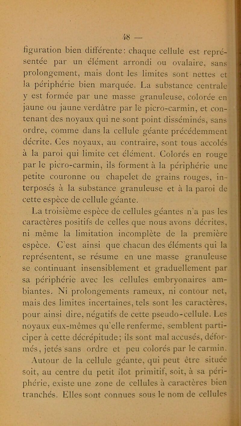 figuration bien différente: chaque cellule est repré- sentée par un élément arrondi ou ovalaire, sans prolongement, mais dont les limites sont nettes et la périphérie bien marquée. La substance centrale y est formée par une masse granuleuse, colorée en jaune ou jaune verdâtre par le picro-carmin, et con- tenant des noyaux qui ne sont point disséminés, sans ordre, comme dans la cellule géante précédemment décrite. Ces noyaux, au contraire, sont tous accolés à la paroi qui limite cet élément. Colorés en rouge par le picro-carmin, ils forment à la périphérie une petite couronne ou chapelet de grains rouges, in- terposés à la substance granuleuse et à la paroi de cette espèce de cellule géante. La troisième espèce de cellules géantes n'a pas les caractères positifs de celles que nous avons décrites, ni même la limitation incomplète de la première espèce. C'est ainsi que chacun des éléments qui la représentent, se résume en une masse granuleuse se continuant insensiblement et graduellement par sa périphérie avec les cellules embryonaires am- biantes. Ni prolongements rameux, ni contour net. mais des limites incertaines, tels sont les caractères, pour ainsi dire, négatifs de cette pseudo-cellule. Les noyaux eux-mêmes qu’elle renfermé, semblent parti- ciper à cette décrépitude; ils sont mal accusés, défor- més, jetés sans ordre et peu colorés par le carmin. Autour de la cellule géante, qui peut être située soit, au centre du petit ilôt primitif, soit, à sa péri- phérie, existe une zone de cellules à caractères bien tranchés. Elles sont connues sous le nom de cellules