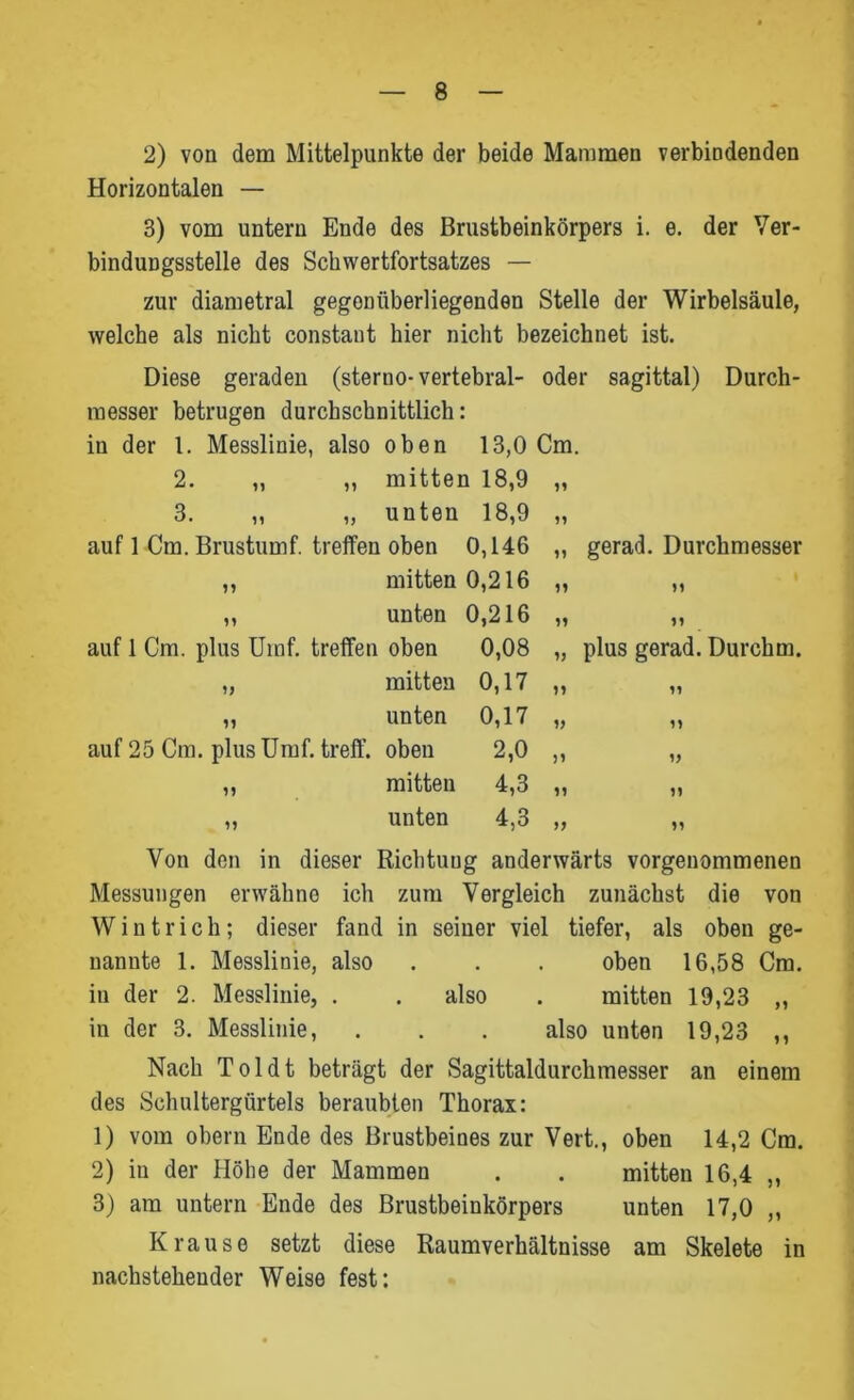 2) von dem Mittelpunkte der beide Mammen verbindenden Horizontalen — 3) vom untern Ende des Brustbeinkörpers i. e. der Ver- bindungsstelle des Schwertfortsatzes — zur diametral gegenüberliegenden Stelle der Wirbelsäule, welche als nicht constant hier nicht bezeichnet ist. Diese geraden (sterno- vertebral- oder sagittal) Durch- messer betrugen durchschnittlich: in der 1. Messlinie, also oben 13,0 Cm. 2. „ ,, mitten 18,9 3. ,, „ unten 18,9 auf 1 Cm. Brustumf. treffen oben 0,146 ,, mitten 0,216 ,, unten 0,216 auf 1 Cm. plus Umf. treffen oben 0,08 „ mitten 0,17 „ unten 0,17 auf 25 Cm. plus Umf. treff. oben 2,0 ,, mitten 4,3 ,, unten 4,3 gerad. Durchmesser plus gerad. Durchm. II II II Von den in dieser Richtung anderwärts vorgenommenen Messungen erwähne ich zum Vergleich zunächst die von Wintrich; dieser fand in seiner viel tiefer, als oben ge- nannte 1. Messlinie, also . . . oben 16,58 Cm. in der 2. Messlinie, . . also . mitten 19,23 „ in der 3. Messlinie, . . . also unten 19,23 ,, Nach Toi dt beträgt der Sagittaldurchmesser an einem des Schultergürtels beraubten Thorax: 1) vom obern Ende des Brustbeines zur Veit., oben 14,2 Cm. 2) in der Höhe der Mammen . . mitten 16,4 „ 3) am untern Ende des Brustbeinkörpers unten 17,0 ,, Krause setzt diese Raumverhältnisse am Skelete in nachstehender Weise fest:
