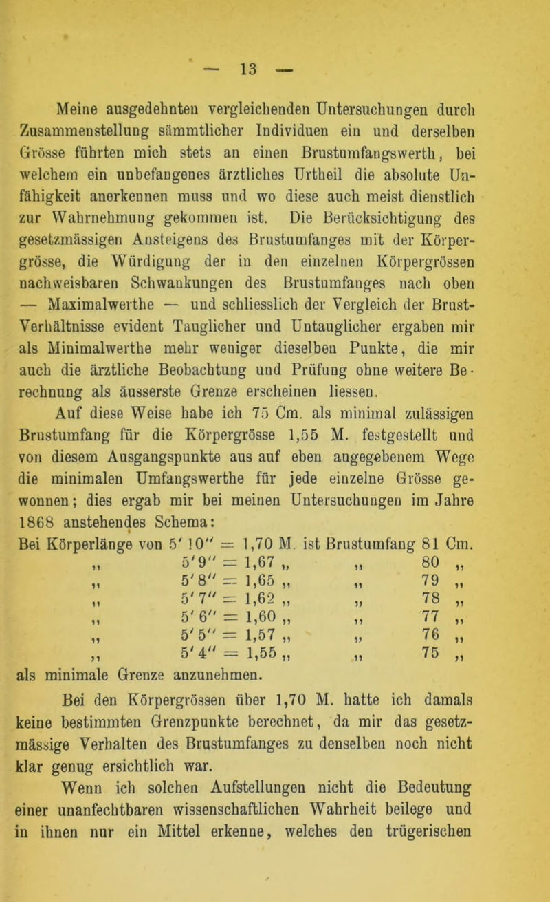 Meine ausgedehnten vergleichenden Untersuchungen durch Zusammenstellung sämmtlicher Individuen ein und derselben Grösse führten mich stets an einen Brustumfangswerth, bei welchem ein unbefangenes ärztliches Urtheil die absolute Un- fähigkeit anerkennen muss und wo diese auch meist dienstlich zur Wahrnehmung gekommen ist. Die Berücksichtigung des gesetzmässigen Ansteigens des Brustumfanges mit der Körper- grösse, die Würdigung der in den einzelnen Körpergrössen nachweisbaren Schwankungen des Brustumfanges nach oben — Maximalwerte — und schliesslich der Vergleich der Brust- Verhältnisse evident Tauglicher und Untauglicher ergaben mir als Minimalwerthe mehr weniger dieselben Punkte, die mir auch die ärztliche Beobachtung und Prüfung ohne weitere Be- rechnung als äusserste Grenze erscheinen Hessen. Auf diese Weise habe ich 75 Cm. als minimal zulässigen Brustumfang für die Körpergrösse 1,55 M. festgestellt und von diesem Ausgangspunkte aus auf eben angegebenem Wege die minimalen Umfaugswerthe für jede einzelne Grösse ge- wonnen; dies ergab mir bei meinen Untersuchungen im Jahre 1868 anstehendes Schema: I Bei Körperlänge von 5' 10 = 1,70 M. ist Brustumfang 81 Cm. 5'9 = 1,67 „ 11 80 „ 11 5' 8 = 1,65 „ 11 79 „ 11 5'7 = 1,62 „ 15 78 „ 11 5' 6 = 1,60 „ 11 77 „ 11 5'5 = 1,57 „ 11 76 „ 51 5' 4 = 1,55 „ 11 75 „ als minimale Grenze anzunehmen. Bei den Körpergrössen über 1,70 M. hatte ich damals keine bestimmten Grenzpunkte berechnet, da mir das gesetz- mässige Verhalten des Brustumfanges zu denselben noch nicht klar genug ersichtlich war. Wenn ich solchen Aufstellungen nicht die Bedeutung einer unanfechtbaren wissenschaftlichen Wahrheit beilege und in ihnen nur ein Mittel erkenne, welches den trügerischen