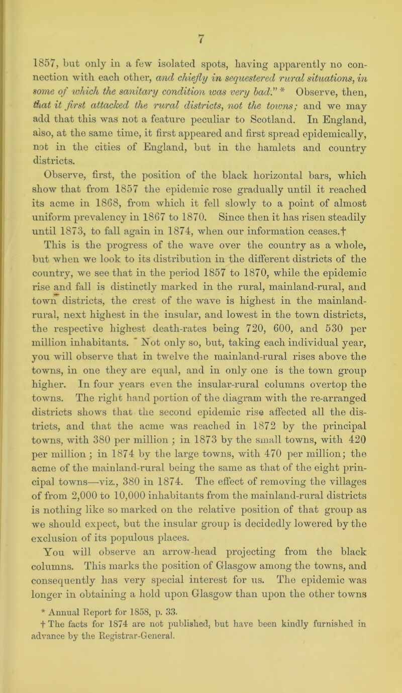 nection with each other, and chiefly in sequestered rural situations, in some of which the sanitary condition teas very had. * Observe, then, that it first attacked the rural districts, not the towns; and we may add that this was not a feature peculiar to Scotland. In England, also, at the same time, it first appeared and first spread epidemically, not in the cities of England, but in the hamlets and country districts. Observe, first, the position of the black horizontal bars, which show that from 1857 the epidemic rose gradually until it reached its acme in 1868, from which it fell slowly to a point of almost uniform prevalency in 1867 to 1870. Since then it has risen steadily until 1873, to fall again in 1874, when our information ceases.f This is the progress of the wave over the country as a whole, but when we look to its distribution in the different districts of the country, we see that in the pei'iod 1857 to 1870, while the epidemic rise and fall is distinctly marked in the rural, mainland-rural, and town districts, the crest of the wave is highest in the mainland- rural, next highest in the insular, and lowest in the town districts, the respective highest death-rates being 720, 600, and 530 per million inhabitants.  Not only so, but, taking each individual year, you will observe that in twelve the mainland-rural rises above the towns, in one they are equal, and in only one is the town group higher. In four years even the insular-rural columns overtop the towns. The right hand portion of the diagram with the re-arranged districts shows that the second epidemic rise affected all the dis- tricts, and that the acme was reached in 1872 by the principal towns, with 380 per million ; in 1873 by the small towns, with 420 per million ; in 1874 by the large towns, with 470 per million; the acme of the mainland-rural being the same as that of the eight prin- cipal towns—viz., 380 in 1874. The effect of removing the villages of from 2,000 to 10,000 inhabitants from the mainland-rural districts is nothing like so marked on the relative position of that group as we should expect, but the insular group is decidedly lowered by the exclusion of its populous places. You will observe an arrow-head projecting from the black columns. This marks the position of Glasgow among the towns, and consequently has very special interest for us. The epidemic was longer in obtaining a hold upon Glasgow than upon the other towns * Annual Report for 1S58, p. 33. t The facts for 1S74 are not published, but have been kindly furnished in advance by the Registrar-General.