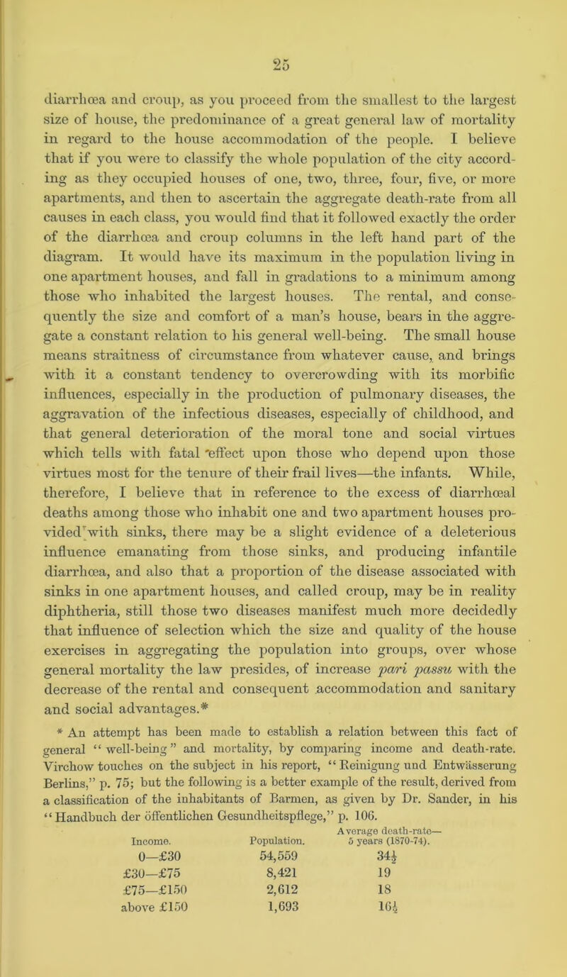 diarrhoea and croup, as you proceed from the smallest to the largest size of house, the predominance of a great general law of mortality in regal’d to the house accommodation of the people. I believe that if you were to classify the whole population of the city accord- ing as they occupied houses of one, two, three, four, five, or more apartments, and then to ascertain the aggregate death-rate from all causes in each class, you would find that it followed exactly the order of the diarrhoea and croup columns in the left hand part of the diagram. It would have its maximum in the population living in one apartment houses, and fall in gradations to a minimum among those who inhabited the largest houses. The rental, and conse- quently the size and comfort of a man’s house, beai’s in the aggre- gate a constant relation to his general well-being. The small house means straitness of circumstance from whatever cause, and brings with it a constant tendency to overcrowding with its morbific influences, especially in the production of pulmonary diseases, the aggravation of the infectious diseases, especially of childhood, and that general deterioration of the moral tone and social virtues which tells with fatal 'effect upon those who depend upon those virtues most for the tenure of their frail lives—the infants. While, therefore, I believe that in reference to the excess of diarrhoeal deaths among those who inhabit one and two apartment houses pro- vided'with sinks, there may be a slight evidence of a deleterious influence emanating from those sinks, and producing infantile diarrhoea, and also that a proportion of the disease associated with sinks in one apartment houses, and called croup, may be in reality diphtheria, still those two diseases manifest much more decidedly that influence of selection which the size and quality of the house exercises in aggregating the population into groups, over whose general mortality the law presides, of increase pari passu with the decrease of the rental and consequent accommodation and sanitary and social advantages.* * An attempt has been made to establish a relation between this fact of general “well-being” and mortality, by comparing income and death-rate. Virchow touches on the subject in his report, “ Reinigung und Entwiisserung Berlins,” p. 75; but the following is a better example of the result, derived from a classification of the inhabitants of Barmen, as given by Dr. Sander, in his “Handbuch der offentlichen Gesundheitspflege,” p. 106. Income. 0—£30 £30—£75 £75—£150 above £150 Population. Avorage death-rate— 5 years (1870-74). 54,559 34* 8,421 19 2,612 18 1,693 16*