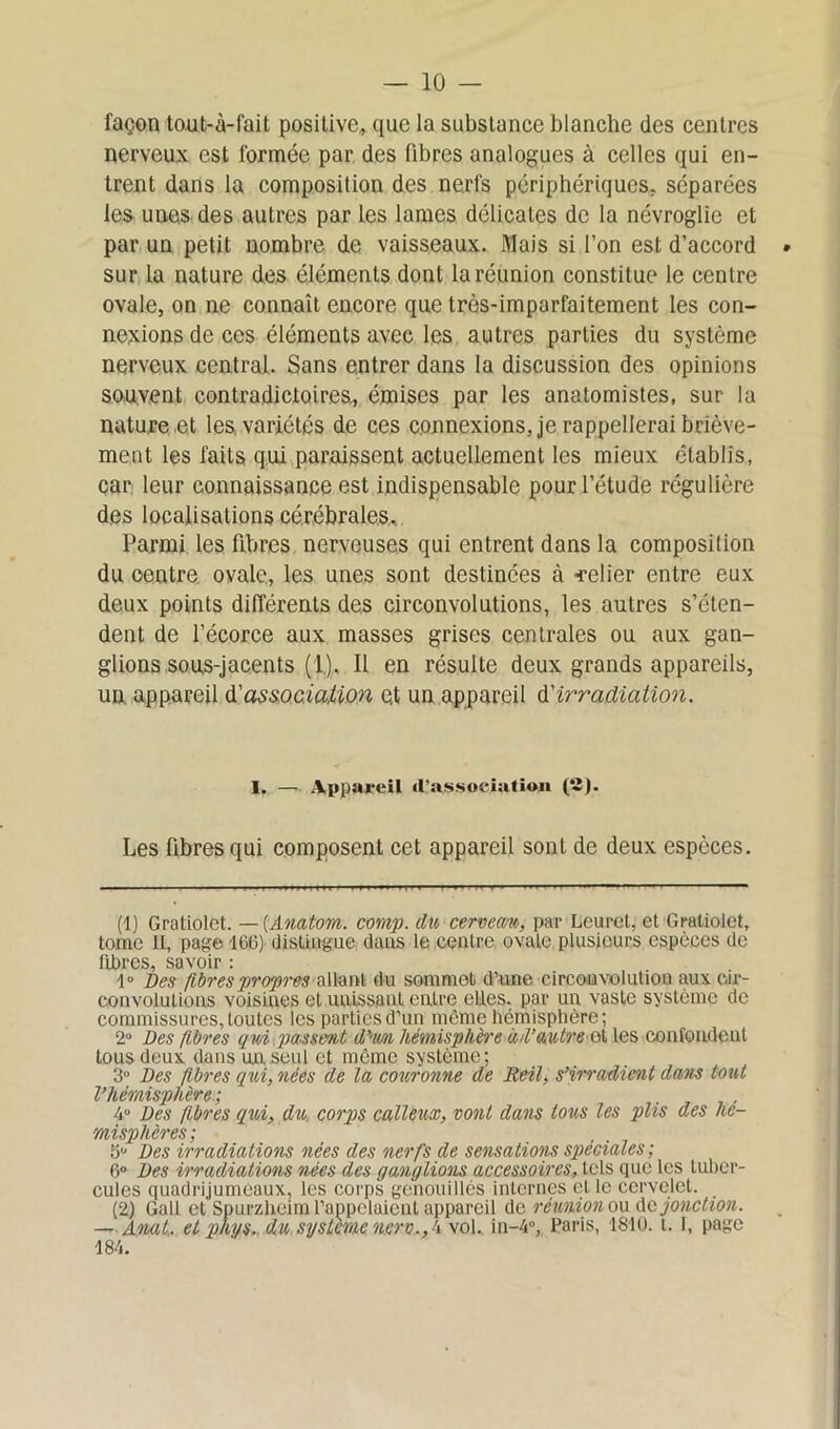 façon tout-à-fait positive., que la substance blanche des centres nerveux est formée par des fibres analogues à celles qui en- trent dans la composition des nerfs périphériques, séparées les unes des autres par les lames délicates de la névroglic et par un petit nombre de vaisseaux. Mais si l’on est d’accord » sur la nature des éléments dont la réunion constitue le centre ovale, on ne connaît encore que très-imparfaitement les con- nexions de ces éléments avec les autres parties du système nerveux central. Sans entrer dans la discussion des opinions souvent contradictoires, émises par les anatomistes, sur la nature,et les variétés de ces connexions, je rappellerai briève- ment les faits qui paraissent actuellement les mieux établis, car leur connaissance est indispensable pour l’étude régulière des localisations cérébrales. Parmi les fibres nerveuses qui entrent dans la composition du centre ovale, les unes sont destinées à -relier entre eux deux points différents des circonvolutions, les autres s’éten- dent de l’écorce aux masses grises centrales ou aux gan- glions sous-jacents (1), Il en résulte deux grands appareils, un. appareil d'association et un appareil d’irradiation. 1. — Appareil (l’association (2). Les fibres qui composent cet appareil sont de deux espèces. (1) Gratiolet. — (Anatom. corap. du cervem, par Leuret, et Gratioiet, tome II, page 166) distingue dans le centre ovale plusieurs espèces de fibres, savoir : 1° Des fibres propres'allant du sommet d’une circonvolution aux cir- convolutions voisines et unissant entre elles, par un vaste système de commissures, toutes les parties d’un même hémisphère; 2° Des fibres qui passent dKwn hémisphère à d’autre ot tes confondent tous deux dans un seul et môme système; 3° Des fibres qui, nées de la couronne de Reil, s’irradient dam tout l’hémisphère; 4° Des fibres qui, du corps calleux, vont dans tous les plis des hé- misphères; 5u Des irradiations nées des nerfs de sensations spéciales ; 6° Des irradiations nées des ganglions accessoires, tels que les tuber- cules quadrijumeaux, les corps genouillés internes et le cervelet. (2) Gall et Spurzhcim l’appelaient appareil de réunion ou jonction. — Anal, et phys,. du, système, nerv., 4 vol. in-4°, Paris, 1810. t. f, page 184.