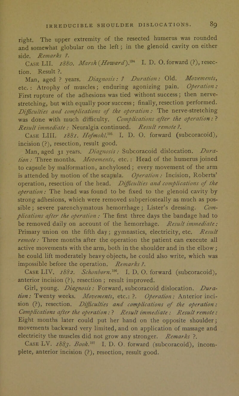 right. The upper extremity of the resected humerus was rounded and somewhat globular on the left; in the glenoid cavity on either side. Remarks ?. Case LII. 1880. Marsh {Howard')}'^'' I. D. O. forward (?), resec- tion. Result ?. Man, aged ? years. Diagnosis: f Duration: Old. Movements, etc. : Atrophy of muscles; enduring agonizing pain. Operation: First rupture of the adhesions was tied without success; then nerve- stretching, but with equally poor success ; finally, resection performed. Difficulties and complications of the operation: The nerve-stretching was done with much difficulty. Complications after the operation: ? Result immediate : Neuralgia continued. Result reiiiote ?. Case LIII. 1881. Hofmokl}^^ I. D. O. forward (subcoracoid), incision (?), resection, result good. Man, aged 31 years. Diagnosis: Subcoracoid dislocation. Dura- tion : Three months. Movements, etc. : Head of the humerus joined to capsule by malformation, anchylosed; every movement of the arm is attended by motion of the scapula. Operation : Incision, Roberts’ operation, resection of the head. Difficulties and complications of the ope7'ation: The head was found to be fixed to the glenoid cavity by strong adhesions, which were removed subperiosteally as much as pos- sible; severe parenchymatous hemorrhage; Lister’s dressing. Com- plications after the operation: The first three days the bandage had to be removed daily on account of the hemorrhage. Result immediate: Primary union on the fifth day; gymnastics, electricity, etc. Result remote; Three months after the operation the patient can execute all active movements with the arm, both in the shoulder and in the elbow; he could lift moderately heavy objects, he could also write, which was impossible before the operation. Remarks ?. Case LIV. 1882. Schonborn}^. I. D. O. forward (subcoracoid), anterior incision (?), resection ; result improved. Girl, young. Diagnosis: Forward, subcoracoid dislocation. Dura- tion: Twenty weeks. Movements, etc.: ?. Operation: Anterior inci- sion (?), resection. Difficulties and complications of the operation: Cotnplications after the operation: ? Result immediate : Result remote: Eight months later could put her hand on the opposite shoulder; movements backward very limited, and on application of massage and electricity the muscles did not grow any stronger. Remarks ?. Case LV. 1883. Book}^'' I. D. O. forward (subcoracoid), incom- plete, anterior incision (?), resection, result good.