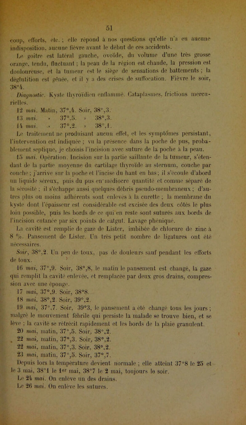 coup, l'iVorts, Ole. ; ollo répond à no.s (pie.stions ([u’elle n’;i en aucune indisposition, aucune lièvre avant le déliul do ces accidents. I.o {Toifro est latéral j,mucIio, ovoïde, du volume d’une très grosse orange, tondu, tluctuant ; la pi'au de la région est chaude, la pression est doidoureuso. et la lumour est le siège de sensations de battements ; la déglutition est génée. et il y a des c.iâ.ses de snIVoration. Fièvre le soir, Diiiijiiimtir. Kyste lli_\roïdien (‘ndammè. (Cataplasmes, frictions mercu- rielles. 1:2 mai. .Matin, 37°,4. Soir, 38°,3. 13 mai. • 37°.;i. » 38°,3. 14 mai. •• 37°.:2. » 38°, 1. Le traitement no produisant aucun ell'el, et les sytnpldmes persistant, rintervention est indicpiée ; vu la présence dans la poche de pus, proba- blement septique, je choisis l’incision avec .suture de la poche à la peau. 1.3 iiini. Opération. Incision sur la partie saillante de la tumeur, s’éten- dant do la partie moyenne du cartilage thyroïde au sternum, couche par couche; j’arrive sur la poche et l’incise du haut e)i bas; il s’écoule d’abord un liquide séreux, puis du pus en'médiocre quantité et comme séparé de la sérosité ; il s’échappe aussi (pielques débris pseudo-membraneux; d’au- tres plus ou moins adhérents sont enlevés :ï la curette ; la membrane du kyste dont l’épaisseur est considérable est excisée des deux côtés le plus loin possible, puis les bords do ce qui en reste .sont suturés aux bords de l’incision cutanée j)ar six points de catgut. Lavage phéniqué. [ja cavité est remplie de gaze de Lister, imbibée de chlorure de zinc à 8 °/o. Pansement de Lister. Un très petit nombre de ligatures ont été nécessaires. Soir, 38°,2. Un peu de toux, i>as de douleurs sauf pendant les elforts do toux. ’ l(i mai, 37°,9. Soii', 38°,8, le matin le pansement est changé, la gaze qui remplit la cavité enlevée, et remplacée par deux gros drains, compres- sion avec une éponge. 17 mai, 37°,9. Soir, 38°8. 18 mai. 38°,2. Soir, 39°,2. 19 mai, 37°,7. Soir, 39°3, le pansement a été changé tous les jours ; malgré le mouvement fébrile qui persiste la malade se trouve bien, et se lève ; la cavité se rétrécit rapidement et les bords de la plaie granulent. 20 mai, malin, 37°,o. Soir, 38°,2. . 22 mai, matin, 37°,3. Soir, 38°.2. 22 mai, matin, 37°,3. Soir, 38°,2. 23 mai, matin, 37°,3. Soir, 37°,7. Depuis lors la température devient normale ; elle atteint 37°8 le 25 et le 3 mai, 38°1 le 1er mai, 38°7 le 2 mai, toujours le soir. Le 24 mai. On enlève un des drains. Le 2() mai. On enlève les sutures.