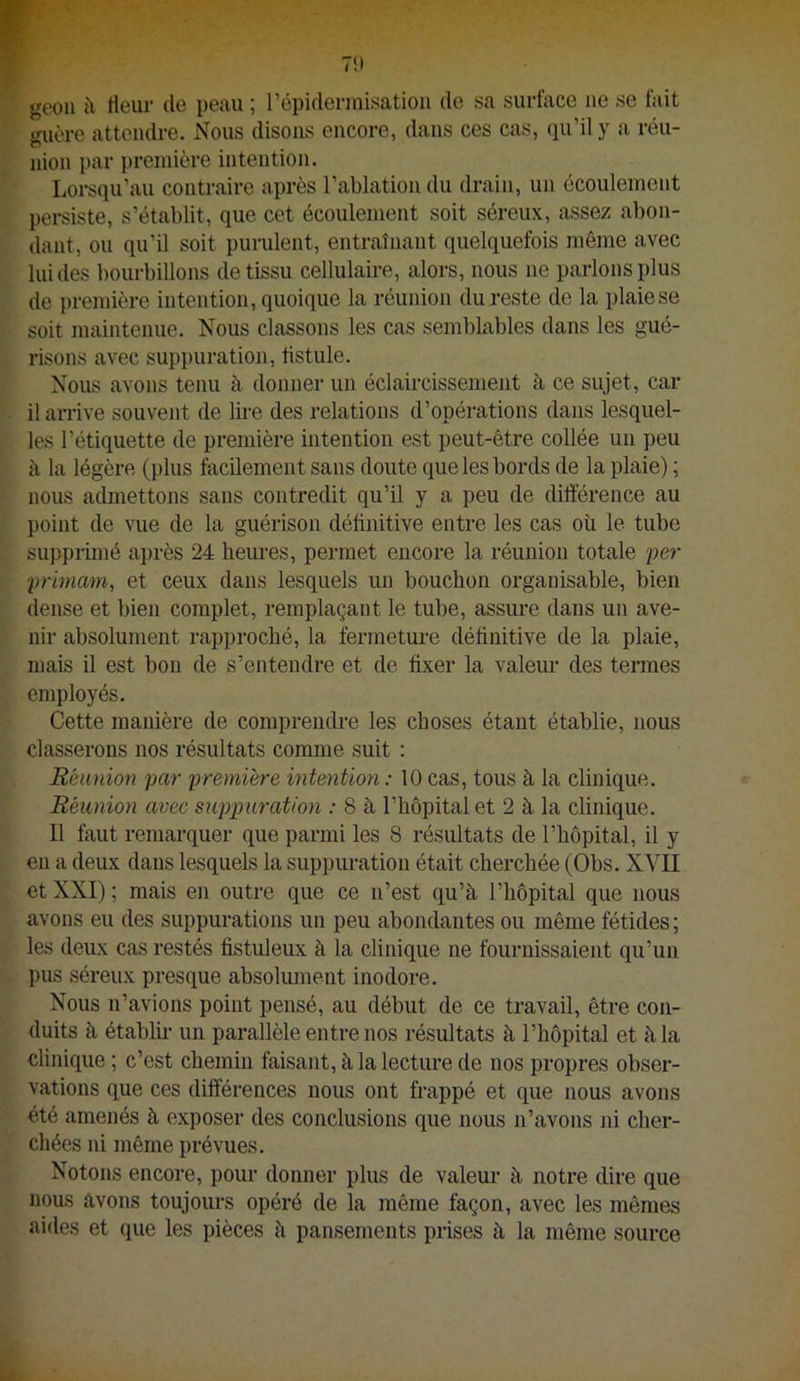 geoii II tleur de peau ; l’épidermisation de sa surface ne se fait guère attendre. Nous disons encore, dans ces cas, qu’il y a réu- nion par première intention. Lorsqu’au coutraire après l’ablation du drain, un écoulement persiste, s’établit, que cet écoulement soit séreux, assez abon- dant, ou qu’il soit purulent, entraînant quelquefois même avec lui des bourbillons de tissu cellulaire, alors, nous ne parlons plus de première intention, quoique la réunion du reste de la plaie se soit maintenue. Nous classons les cas semblables dans les gué- risons avec suppuration, fistule. Nous avons tenu à donner un éclaircissement à ce sujet, car il arrive souvent de lii-e des relations d’opérations dans lesquel- les l’étiquette de première intention est peut-être collée un peu à la légère (plus facilement sans doute que les bords de la plaie) ; nous admettons sans contredit qu’il y a peu de différence au point de vue de la guérison définitive entre les cas où le tube supprimé après 24 bernes, permet encore la réunion totale per primam, et ceux dans lesquels un bouchon organisable, bien dense et bien complet, remplaçant le tube, assure dans un ave- nir absolument rapproché, la fermeture définitive de la plaie, mais il est bon de s’entendre et de fixer la valeur des termes employés. Cette manière de comprendre les choses étant établie, nous classerons nos résultats comme suit : Réunion par première intention : 10 cas, tous à la clinique. Réunion avec suppuration : 8 à l’hôpital et 2 à la clinique. Il faut remarquer que parmi les 8 résultats de l’hôpital, il y en a deux dans lesquels la suppuration était cherchée (Obs. XVn et XXI) ; mais en outre que ce n’est qu’à l’hôpital que nous avons eu des suppurations un peu abondantes ou même fétides ; les deux cas restés fistuleux à la clinique ne fournissaient qu’un pus séreux presque absolument inodore. Nous n’avions point pensé, au début de ce travail, être con- duits à établir un parallèle entre nos résultats à l’hôpital et à la clinique; c’est chemin faisant, à la lecture de nos propres obser- vations que ces différences nous ont frappé et que nous avons été amenés à exposer des conclusions que nous n’avons ni cher- chées ni même prévues. Notons encore, pour donner plus de valeur à notre dire que nous avons toujours opéré de la même façon, avec les mêmes aides et que les pièces à pansements prises à la même source