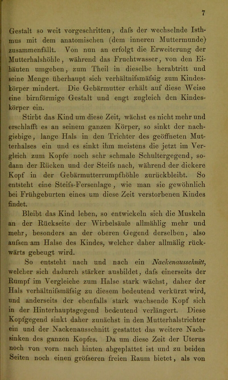 Gestalt so weit vorgeschritten, dafs der wechselnde Isth- mus mit dem anatomischen (dem inneren Muttermunde) zusammenfällt. Von nun an erfolgt die Erweiterung der Mutterhalshöhle, während das Fruchtwasser, von den Ei- häuten umgeben, zum Theil in dieselbe herabtritt und seine Menge überhaupt sich verhältnifsmäfsig zum Kindes- körper mindert. Die Gebärmutter erhält auf diese Weise eine bimförmige Gestalt und engt zugleich den Kindes- körper ein. Stirbt das Kind um diese Zeit, wächst es nicht mehr und erschlafft es an seinem ganzen Körper, so sinkt der nach- giebige , lange Hals in den Trichter des geöffneten Mut- terhalses ein und es sinkt ihm meistens die jetzt im Ver- gleich zum Kopfe noch sehr schmale Schultergegend, so- dann der Rücken und der Steifs nach, während der dickere Kopf in der Gebärmutterrumpfhöhle zurückbleibt. So entsteht eine Steifs-Eersenlage , wie man sie gewöhnlich bei Frühgeburten eines um diese Zeit verstorbenen Kindes findet. Bleibt das Kind leben, so entwickeln sich die Muskeln an der Rückseite der Wirbelsäule allmählig mehr und mehr, besonders an der oberen Gegend derselben, also aufsen am Halse des Kindes, welcher daher allmälig rück- wärts gebeugt wird. So entsteht nach und nach ein Nachenausschnitt, welcher sich dadurch stärker ausbildet, dafs einerseits der Rumpf im Vergleiche zum Halse stark wächst, daher der Hals verhältnifsmäfsig zu diesem bedeutend verkürzt wird, und anderseits der ebenfalls stark wachsende Kopf sich in der Hinterhauptsgegend bedeutend verlängert. Diese Kopfgegend sinkt daher zunächst in den Mutterhalstrichter ein und der Nackenausschnitt gestattet das weitere JSTach- sinken des ganzen Kopfes. Da um diese Zeit der Uterus noch von vorn nach hinten abgeplattet ist und zu beiden Seiten noch einen gröfseren freien Raum bietet, als von