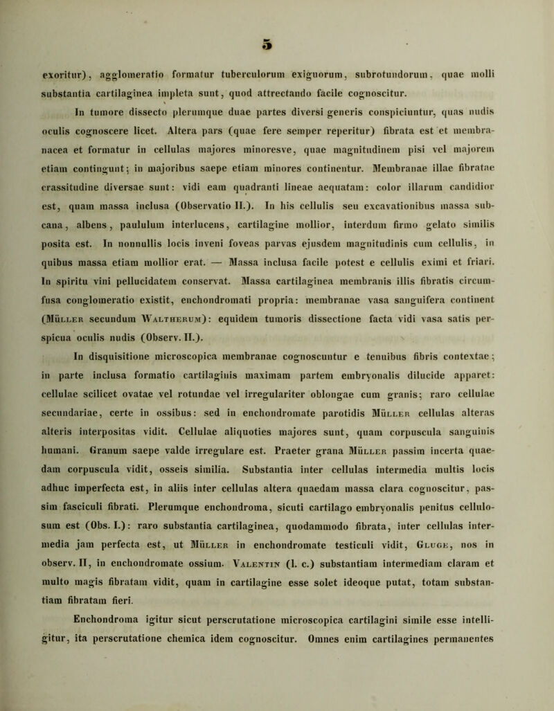 ■r 9 exoritur), agglomeratio formatur tuberculorum exiguorum, subrotundorum, quae molli substantia cartilaginea impleta sunt, quod attrectando facile cognoscitur. Jn tumore dissecto plerumque duae partes diversi generis conspiciuntur, quas nudis oculis cognoscere licet. Altera pars (quae fere semper reperitur) fibrata est et membra- nacea et formatur in cellulas majores minoresve, quae magnitudinem pisi vel majorem etiam contingunt 5 in majoribus saepe etiam minores continentur. Membranae illae fibratae crassitudine diversae sunt: vidi eam quadranti lineae aequatam: color illarum candidior est, quam massa inclusa (Observatio II.). In his cellulis seu excavationibus massa sub- cana, albens, paululum interlucens, cartilagine mollior, interdum firmo gelato similis posita est. In nonnullis locis inveni foveas parvas ejusdem magnitudinis cum cellulis, in quibus massa etiam mollior erat. — Massa inclusa facile potest e cellulis eximi et friari. In spiritu vini pellucidatem conservat. Massa cartilaginea membranis illis libratis circum- fusa conglomeratio existit, enchondromati propria: membranae vasa sanguifera continent (MiiLLER secundum Waltherum): equidem tumoris dissectione facta vidi vasa satis per- spicua oculis nudis (Observ. II.). In disquisitione mlcroscopica membranae cognoscuntur e tenuibus fibris contextae; in parte inclusa formatio cartilaginis maximam partem embryonalis dilucide apparet: cellulae scilicet ovatae vel rotundae vel irregulariter oblongae cum granis; raro cellulae secundariae, certe in ossibus: sed in enchondromate parotidis Muller cellulas alteriis alteris interpositas vidit. Cellulae aliquoties majores sunt, quam corpuscula sanguinis humani. Granum saepe valde irregulare est. Praeter grana Muller passim incerta quae- dam corpuscula vidit, osseis similia. Substantia inter cellulas intermedia multis locis adhuc imperfecta est, in aliis inter cellulas altera quaedam massa clara cognoscitur, pas- sim fasciculi fibrati. Plerumque enchondroma, sicuti cartilago embryonalis penitus cellulo- sum est (Obs. I.): raro substantia cartilaginea, quodammodo fibrata, inter cellulas inter- media jam perfecta est, ut Muller in enchondromate testiculi vidit, Gluge, nos in observ. II, in enchondromate ossium. Valentin (1. c.) substantiam intermediam claram et multo magis fibratam vidit, quam in cartilagine esse solet ideoque putat, totam substan- tiam fibratam fieri. Enchondroma igitur sicut perscrutatione mlcroscopica cartilagini simile esse intelli- gitur, ita perscrutatione chemica idem cognoscitur. Omnes enim cartilagines permanentes