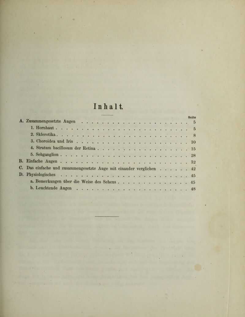 r Inhalt Seite A. Zusammengesetzte Augen 5 1. Hornhaut 5 2. Skierotika 3. Choroidea und Iris 10 4. Stratum bacillosum der Retina 15 5. Sehganglion 28 B. Einfache Augen 32 C. Das einfache und zusammengesetzte Auge mit einander verglichen 42 D. Physiologisches 45 a. Bemerkungen über die Weise des Sehens 45 b. Leuchtende Augen 48