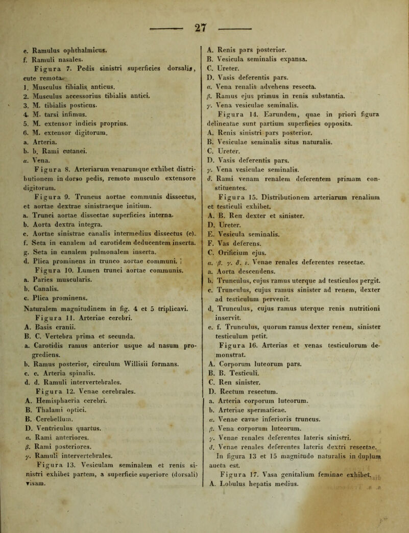 e. Ramulus ophthalmicus. f. Ramuli nasales. Figura 7. Pedis sinistri superficies dorsali#, cute remota. 1. Musculus tibialis, anticus. 2. Musculus accessorius tibialis antici. 3. M. tibialis posticus. 4. M. tarsi infimus. 5. M. extensor indicis proprius. 6. M. extensor digitorum. a. Arteria. b. b. Rami cutanei. «. Vena. Figura 8. Arteriarum ven.irumque exhibet distri- butionem in dorso pedis, remoto musculo extensore digitorum. Figura 9. Truncus aortae communis dissectus, et aortae dextrae sinistraeque initium. a. Trunci aortae dissectae superficies interna. b. Aorta dextra integra. c. Aortae sinistrae canalis intermedius dissectus (e). f. Seta in canalem ad carotidem deducentem inserta. g. Seta in canalem pulmonalem inserta. d. Plica prominens in trunco aortae communi. ] Figura 10. Lumen trunci aortae conuuunis. a. Paries muscularis. 1). Canalis, c. Plica prominens. Naturalem magnitudinem in fig. 4 et 5 triplicavi. Figura 11. Arteriae cerebri. A. Basis cranii. B. C. Vertebra prima et secunda. a. Carotidis ramus anterior usque ad nasum pro- grediens. b. Ramus posterior, circulum Willisii formans. c. c. Arteria spinalis. d. d. Ramuli intervertebrales. Figura 12. Venae cerebrales. A. Hemisphaeria cerebri. B. Thalami optici. B. Cerebellum. D. Ventriculus quartus, tt. Rami anteriores. jS. Rami posteriores. y. Ramuli intervertebrales. Figura 13. Vesiculam seminalem et renis si- nistri exhibet partem, a superficie superiore (dorsali) visam. A. Renis p.ors posterior. B. Vesicula seminalis expansa. C. Ureter. D. Vasis deferentis pars. «. Vena renalia advehens resecta. /?. Ramus ejus primus in renis substantia. y. Vena vesiculae seminalis. Figura 14. Earundeni, quae in priori figura delineatae sunt partium superficies opposita. A. Renis sinistri pars posterior. B. V^esiculae seminalis situs naturalis. C. Ureter. D. Vasis deferentis pars. y. Vena vesiculae seminalis. d. Rami venam renalem deferentem primam con- stituentes. Figura 15. Distributionem arteriarum renalium et testiculi exhibet. A. B. Ren dexter et sinister. D. Ureter. E. Vesicula seminalis. F. Vas deferens. C. Orificium ejus. a. /?. y. d. £. Venae renales deferentes resectae. a. Aorta descendens. b. Trunculus, cujus ramus uterque ad testiculos pergit. c. Trunculus, cujus ramus sinister ad renem, dexter ad testiculum pervenit. d. Trunculus, cujus ramus uterque renis nutritioni in.servit. e. f. Trunculus, quorum ramus dexter renem, sinister testiculum petit. Figura 16. Arterias et venas testiculorum de- monstrat. A. Corporum luteorum pars. B. B. Testiculi. C. Ren sinister. D. Rectum resectum. a. Arteria corporum luteorum. b. Arteriae spermaticae. a. Venae cavae inferioris truncus. Vena corporum luteorum, y. Venae renales deferentes lateris sinistri, d. V^enae renales deferentes lateris dextri resect.ie. In figura 13 et 15 magnitudo naturalis in duplum aucta est. Figura 17. Vasa genitalium feminae exhibet. A. Lobulus hepatis medius.