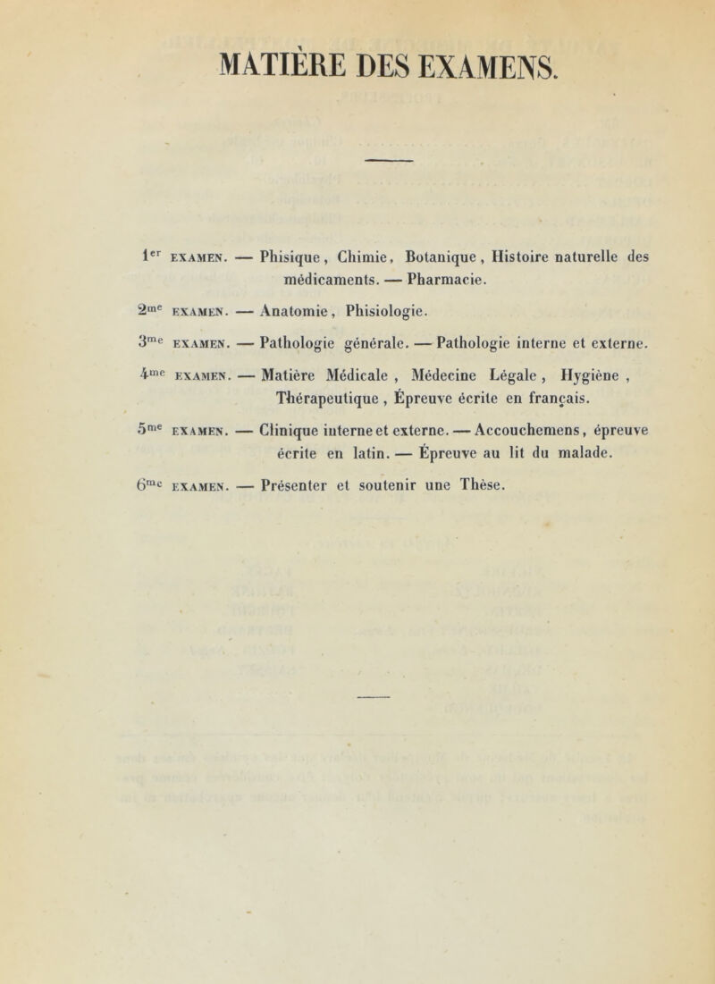 MATIÈRE DES EXAMENS. 1er examen. — Phisique, Chimie, Botanique, Histoire naturelle des médicaments. — Pharmacie. 2me examen. —Anatomie, Phisiologie. 3me examen. — Pathologie générale. — Pathologie interne et externe. 4me examen. — Matière Médicale , Médecine Légale , Hygiène , Thérapeutique , Épreuve écrite en français. 5me examen. — Clinique interne et externe. — Accouchemens, épreuve écrite en latin. — Épreuve au lit du malade. 6mc examen. — Présenter et soutenir une Thèse.