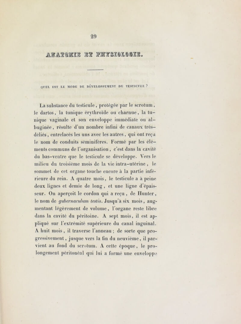 AW&mMm !! 3P3I¥M®3£®®IC3a qttel est le mode de développement du testicule ? La substance du testicule , protégée par le scrotum, le dartos, la tunique êrythroïde ou charnue, la tu- nique vaginale et son enveloppe immédiate ou al- buginée, résulte d’un nombre infini de canaux très- déliés , entrelacés les uns avec les autres, qui ont reçu le nom de conduits séminifères. Formé par les élé- ments communs de l’organisation , c’est dans la cavité du bas-ventre que le testicule se développe. Vers le milieu du troisième mois de la vie intra-utérine , le sommet de cet organe touche encore à la partie infé- rieure du rein. A quatre mois, le testicule a à peine deux lignes et demie de long , et une ligne d’épais- seur. On aperçoit le cordon qui a reçu , de Hunter, le nom de gubernaculum testis. Jusqu’à six mois, aug- mentant légèrement de volume, l’organe reste libre dans la cavité du péritoine. A sept mois, il est ap- pliqué sur l’extrémité supérieure du canal inguinal. A huit mois, il traverse l’anneau ; de sorte que pro- gressivement , jusque vers la fin du neuvième, il par- vient au fond du scrotum. A cette époque, le pro- longement péritonéal qui lui a formé une enveloppe