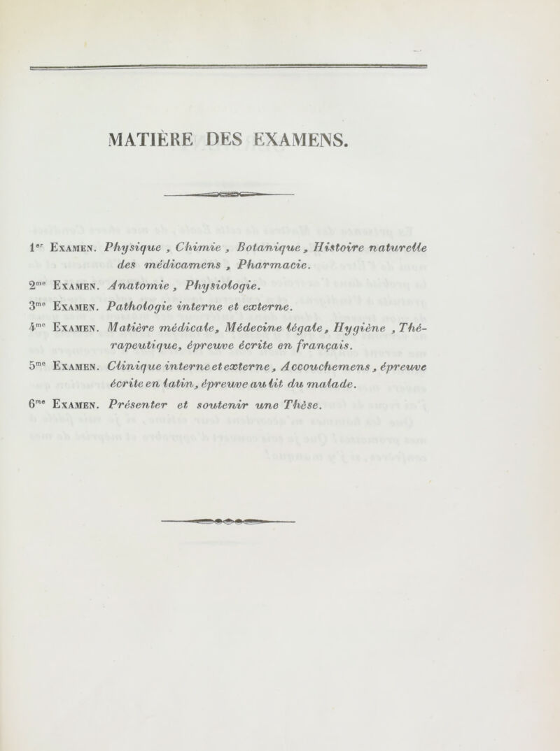 MATIÈRE DES EXAMENS. 1er Examen. Physique , Chimie , Botanique , Histoire naturelle des médicamens , Pharmacie. 2me Examen. Anatomie , Physiologie. 3me Examen. Pathologie interne et externe. imc Examen. Matière médicale, Médecine légale, Hygiène thé- rapeutique, épreuve écrite en français. 5rae Examen. Clinique interne et externe , Accouchemens , épreuve écrite en latin, épreuve au lit du malade. 6m® Examen. Présenter et soutenir une Thèse.