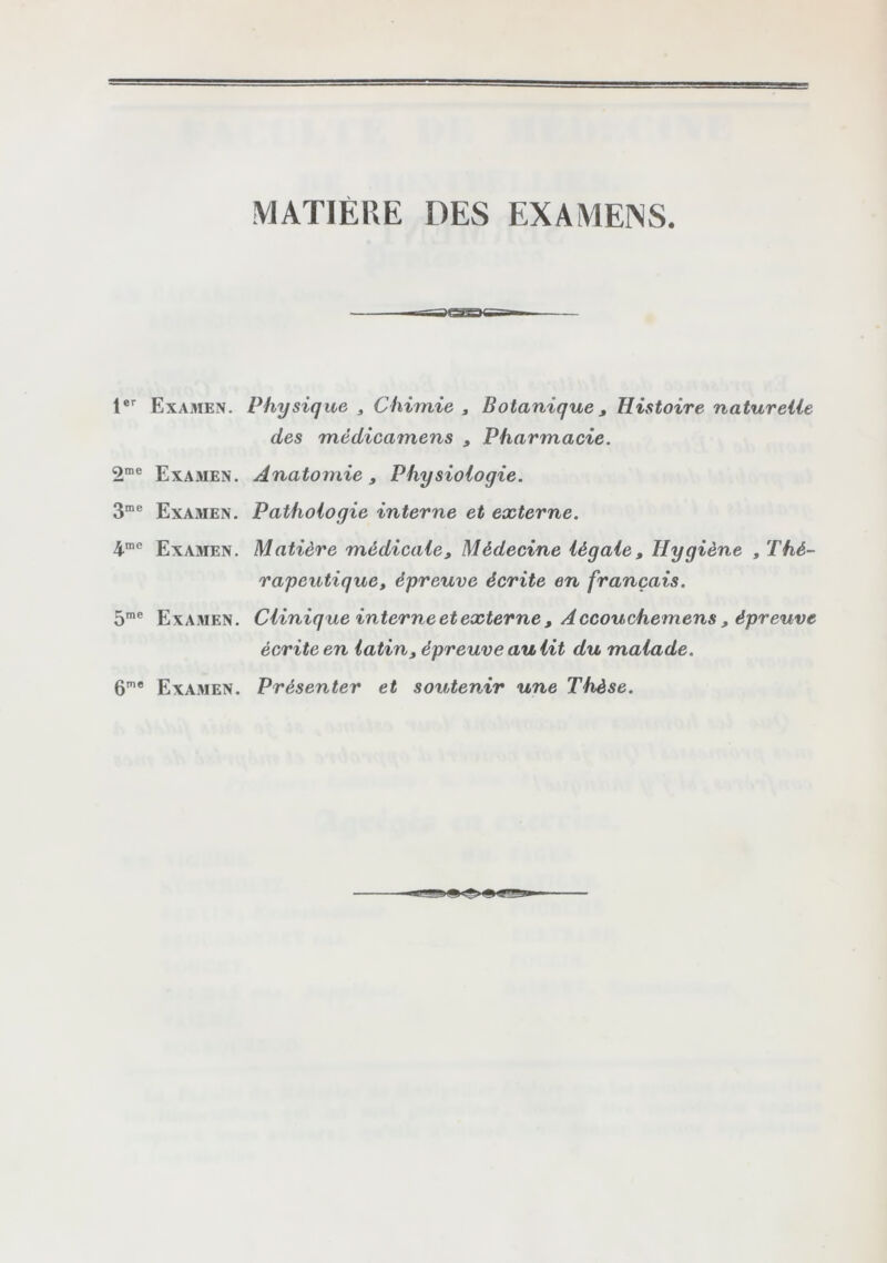MATIÈRE DES EXAMENS. Examen. Physique ^ Chimie , Botanique ^ Histoire naturelle des mèdicamens , Pharmacie. S™® Exa.men. Anatomie, Physiologie. 3”® Examen. Pathologie interne et externe. 4“® Examen. Matière médicale. Médecine légale, Hygiène , Thé- rapeutique, épreuve écrite en français. ô*® Examen. Clinique interne et externe , A ccouchemens , épreuve écrite en latin, épreuveaulit du malade. G*® Examen. Présenter et soutenir une Thèse.