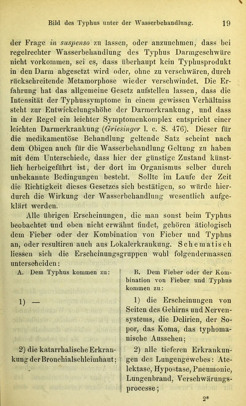 der Frage in suspenso zu lassen, oder anzimelimen, dass bei regelrechter Wasserbehandlung des Typhus Darmgeschwüre nicht Vorkommen, sei es, dass überhaupt kein Typhusprodukt in den Darm abgesetzt wird oder, ohne zu versehwären, durch rückschreitende Metamorphose wieder verschwindet. Die Er- fahrung hat das allgemeine Gesetz aufstellen lassen, dass die Intensität der Typhussymptome in einem gewissen Verhältniss steht zur Entwickelungshöhe der Darmerkrankung, und dass in der Regel ein leichter Symptomenkomplex entspricht einer leichten Darmerkrankung {Griesinger 1. c. S. 476). Dieser für die medikamentöse Behandlung geltende Satz scheint nach dem Obigen auch für die Wasserbehandlung Geltung zu haben mit dem Unterschiede, dass hier der günstige Zustand künst- lich herbeigeführt ist, der dort im Organismus selber durch unbekannte Bedingungen besteht. Sollte im Laufe der Zeit die Richtigkeit dieses Gesetzes sich bestätigen, so würde hier- durch die Wirkung der Wasserbehandlung wesentlich aufge- klärt werden. Alle übrigen Erscheinungen, die man sonst beim Typhus beobachtet und oben nicht erwähnt findet, gehören ätiologisch dem Fieber oder der Kombination von Fieber und Typhus an, oder resultireu auch aus Lokalerkrankung. Schematisch dessen sich die Erscheinungsgruppen wohl folgendermassen unterscheiden: B. Dem Fieber oder der Kom- bination von Fieber und Typhus kommen zu: 1) die Erscheinungen von Seiten des Gehirns und Nerven- systems, die Delirien, der So- por, das Koma, das typhoma- nische Aussehen; 2) alle tieferen Erkrankun- gen des Lungengewebes: Ate- lektase, Hypostase, Pneumonie, Lungenbrand, Verschwärungs- processe; A. Dem Typhus kommen zu: 1) - 2) die katarrhalische Erkran- kung der Bronchialschleimhaut; 2*