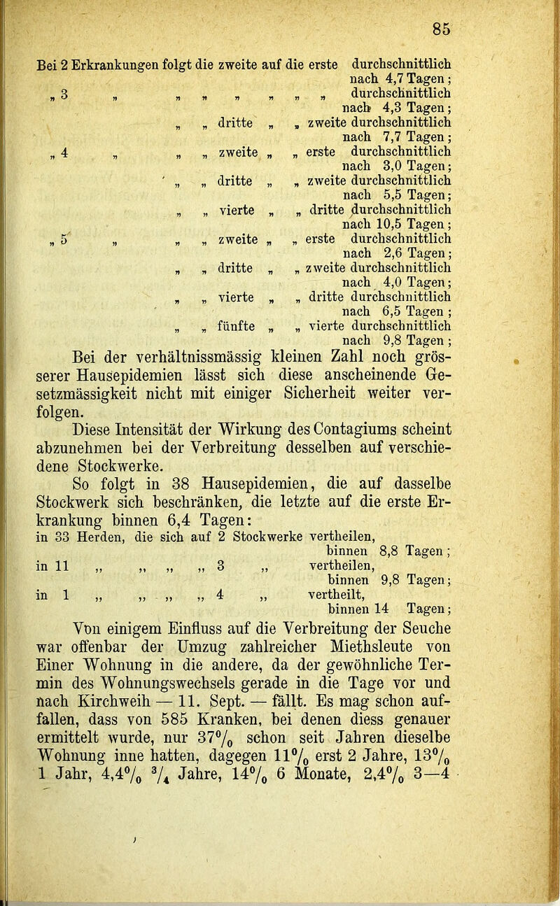 Bei 2 Erkrankungen folgt die zweite auf die erste durchschnittlieh nach 4,7Tagen; „ „ durchschnittlich nach 4,3 Tagen; , zweite durchschnittlich nach 7,7 Tagen; „ erste durchschnittlich nach 3,0 Tagen; „ zweite durchschnittlich nach 5,5 Tagen; „ dritte durchschnittlich nach 10,5 Tagen; „ erste durchschnittlich nach 2,6 Tagen; „ zweite durchschnittlich nach 4,0 Tagen; „ dritte durchschnittlich nach 6,5 Tagen ; „ vierte durchschnittlich nach 9,8 Tagen; Bei der verhältnissmässig kleinen Zahl noch grös- serer Hausepidemien lässt sich diese anscheinende Ge- setzmässigkeit nicht mit einiger Sicherheit weiter ver- folgen. Diese Intensität der Wirkung des Contagiums scheint abzunehmen bei der Verbreitung desselben auf verschie- dene Stockwerke. So folgt in 38 Hausepidemien, die auf dasselbe Stockwerk sich beschränken, die letzte auf die erste Er- krankung binnen 6,4 Tagen: in 33 Herden, die sich auf 2 Stockwerke vertheilen, binnen 8,8 Tagen; in 11 „ ,, „ „ 3 „ vertheilen, binnen 9,8 Tagen; in 1 „ ,, „ „ 4 ,, vertheilt, binnen 14 Tagen; Von einigem Einfluss auf die Verbreitung der Seuche war offenbar der Umzug zahlreicher Miethsleute von Einer Wohnung in die andere, da der gewöhnliche Ter- min des Wohnungswechsels gerade in die Tage vor und nach Kirchweih — 11. Sept. — fällt. Es mag schon auf- fallen, dass von 585 Kranken, bei denen diess genauer ermittelt wurde, nur 37®/o schon seit Jahren dieselbe Wohnung inne hatten, dagegen ll°/o erst 2 Jahre, 137o 1 Jahr, 4,47o V4 Jahre, 14% 6 Monate, 2,47o 3—4 . 3 „ dritte „ „ zweite „ „ dritte „ „ vierte „ „ zweite „ , dritte „ „ vierte „ , fünfte -