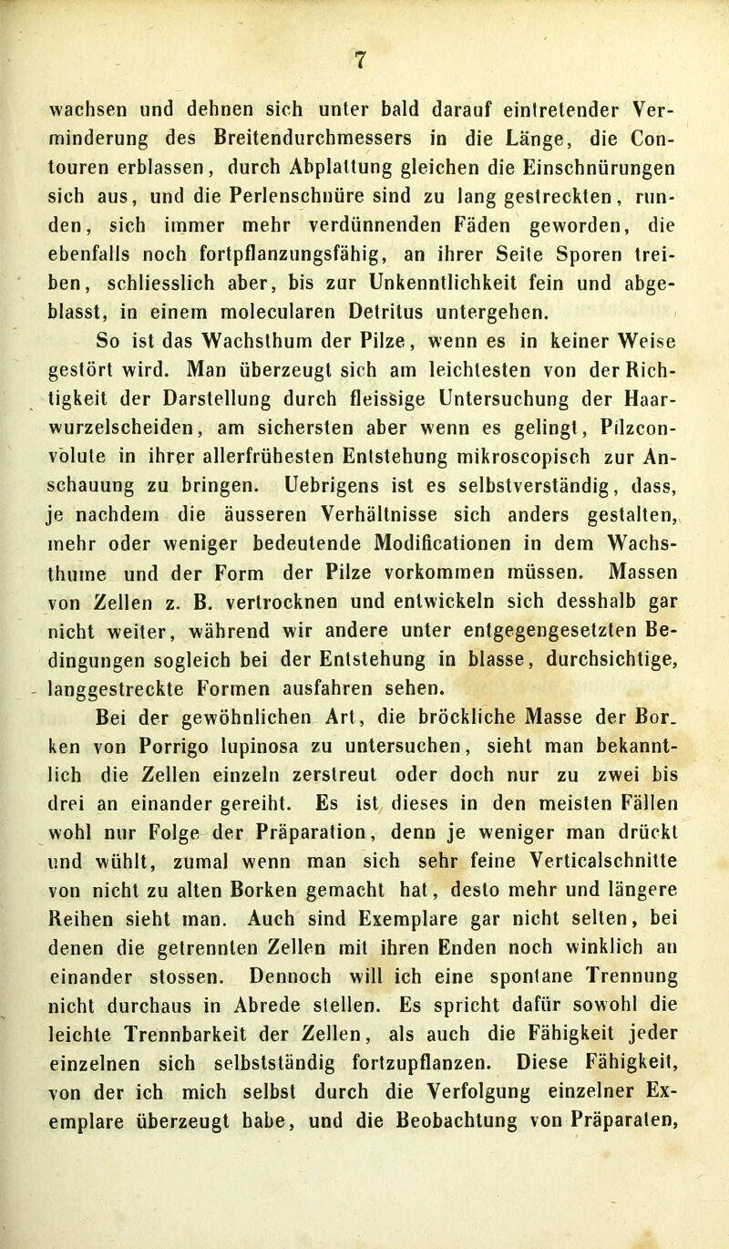 wachsen lind dehnen sich unter bald darauf eintretender Ver- minderung des Breitendurchmessers in die Länge, die Con- touren erblassen, durch Abplattung gleichen die Einschnürungen sich aus, und die Perlenschnüre sind zu langgestreckten, run- den, sich immer mehr verdünnenden Fäden geworden, die ebenfalls noch fortpflanzungsfähig, an ihrer Seite Sporen trei- ben, schliesslich aber, bis zur Unkenntlichkeit fein und abge- blasst, in einem molecularen Detritus untergehen. So ist das Wachsthum der Pilze, wenn es in keiner Weise gestört wird. Man überzeugt sich am leichtesten von der Rich- tigkeit der Darstellung durch fleisSige Untersuchung der Haar- wurzelscheiden, am sichersten aber wenn es gelingt, Pilzcon- volule in ihrer allerfrühesten Entstehung mikroscopisch zur An- schauung zu bringen. Uebrigens ist es selbstverständig, dass, je nachdem die äusseren Verhältnisse sich anders gestalten, mehr oder weniger bedeutende Modificationen in dem Wachs- thuine und der Form der Pilze Vorkommen müssen. Massen von Zellen z. B. vertrocknen und entwickeln sich desshalb gar nicht weiter, während wir andere unter entgegengesetzten Be- dingungen sogleich bei der Entstehung in blasse, durchsichtige, langgestreckte Formen ausfahren sehen. Bei der gewöhnlichen Art, die bröckliche Masse der Bor. ken von Porrigo lupinosa zu untersuchen, sieht man bekannt- lich die Zellen einzeln zerstreut oder doch nur zu zwei bis drei an einander gereiht. Es ist dieses in den meisten Fällen wohl nur Folge der Präparation, denn je weniger man drückt und wühlt, zumal wenn man sich sehr feine Verticalschnitte von nicht zu alten Borken gemacht hat, desto mehr und längere Reihen sieht man. Auch sind Exemplare gar nicht selten, bei denen die getrennten Zellen mit ihren Enden noch winklich an einander stossen. Dennoch will ich eine spontane Trennung nicht durchaus in Abrede stellen. Es spricht dafür sowohl die leichte Trennbarkeit der Zellen, als auch die Fähigkeit jeder einzelnen sich selbstständig fortzupflanzen. Diese Fähigkeit, von der ich mich selbst durch die Verfolgung einzelner Ex- emplare überzeugt habe, und die Beobachtung von Präparaten,